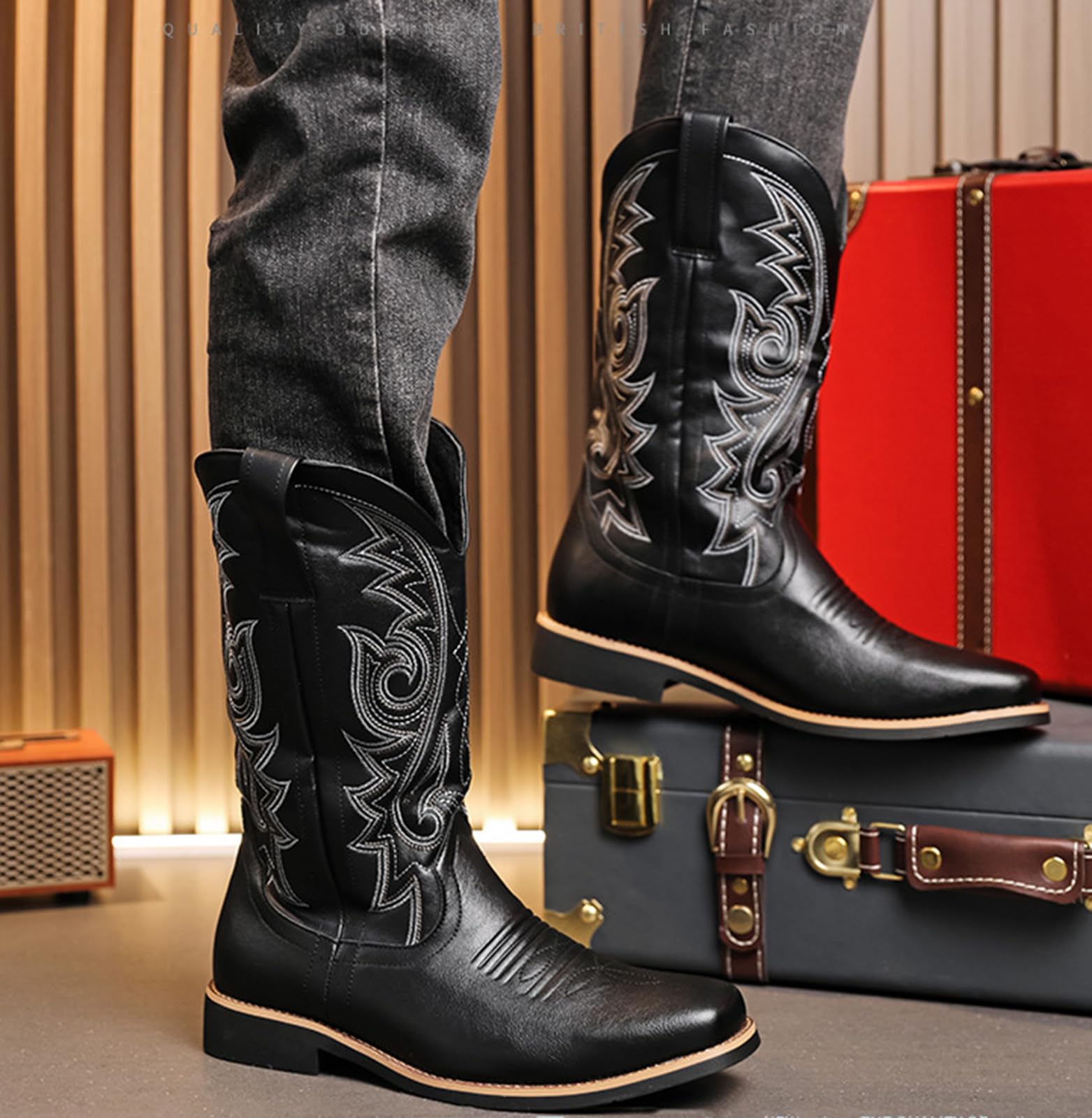 Stivali da Cowboy Uomo Stivali Western Classici Ricamati | PU in Pelle Stivali Country da Ballo con Suola in Gomma Antiscivolo Tacco Basso Vintage Marrone Nero