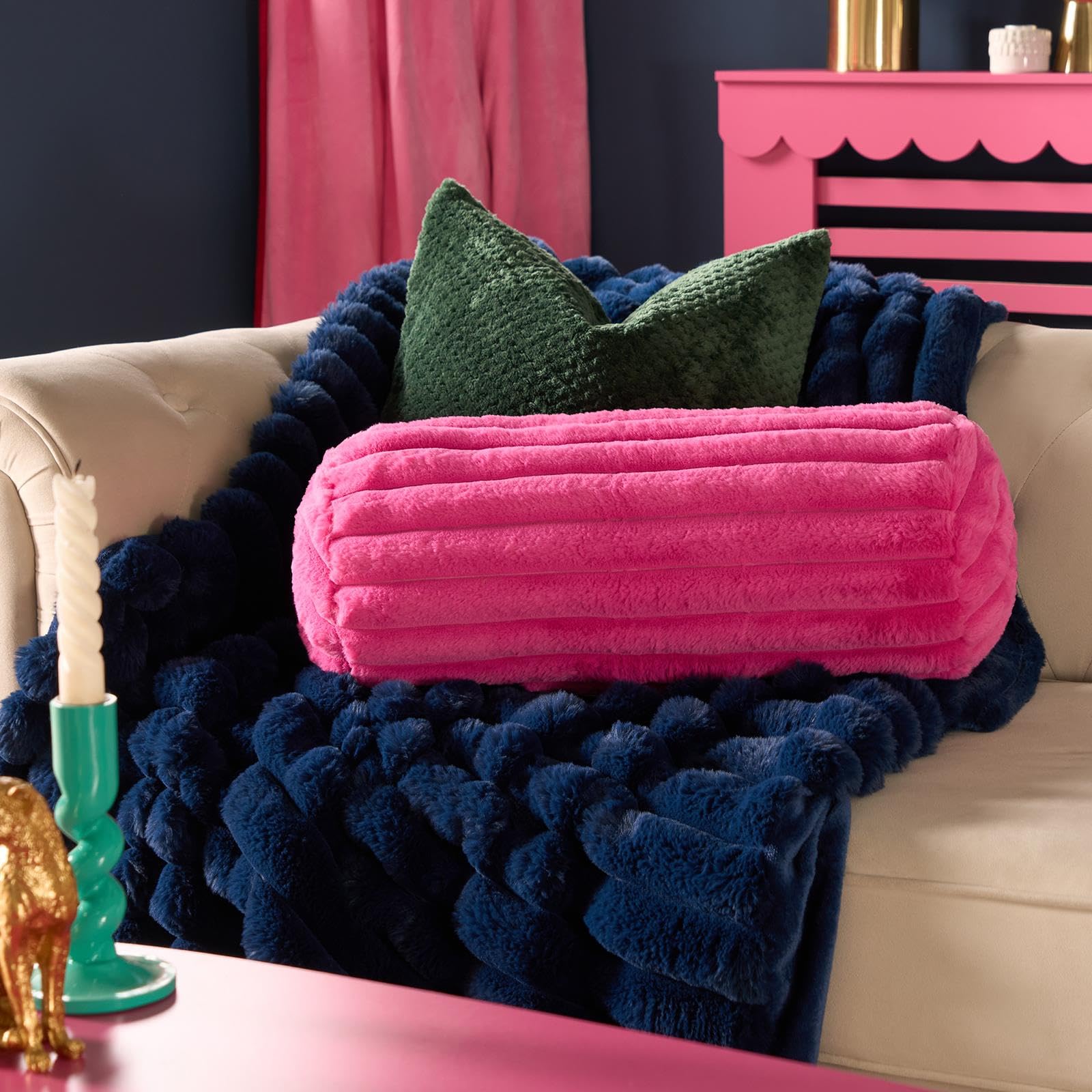 OHS Faux Fur Bolster Pillow - Ribbed Texture - Bright Pink