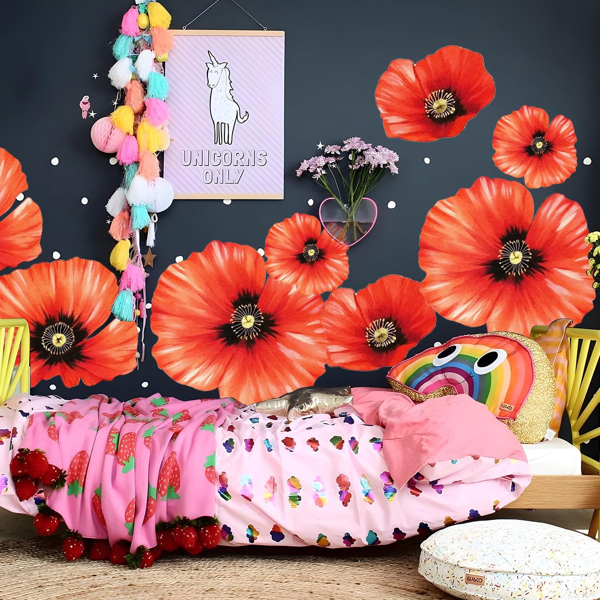 Runtoo Large Flower Wall Art Decals 3D Boho Fabric Red Poppy Floral Wall Mural Stickers for Girls Bedroom Living Room Office Wall Backdrop Decor - Image 2