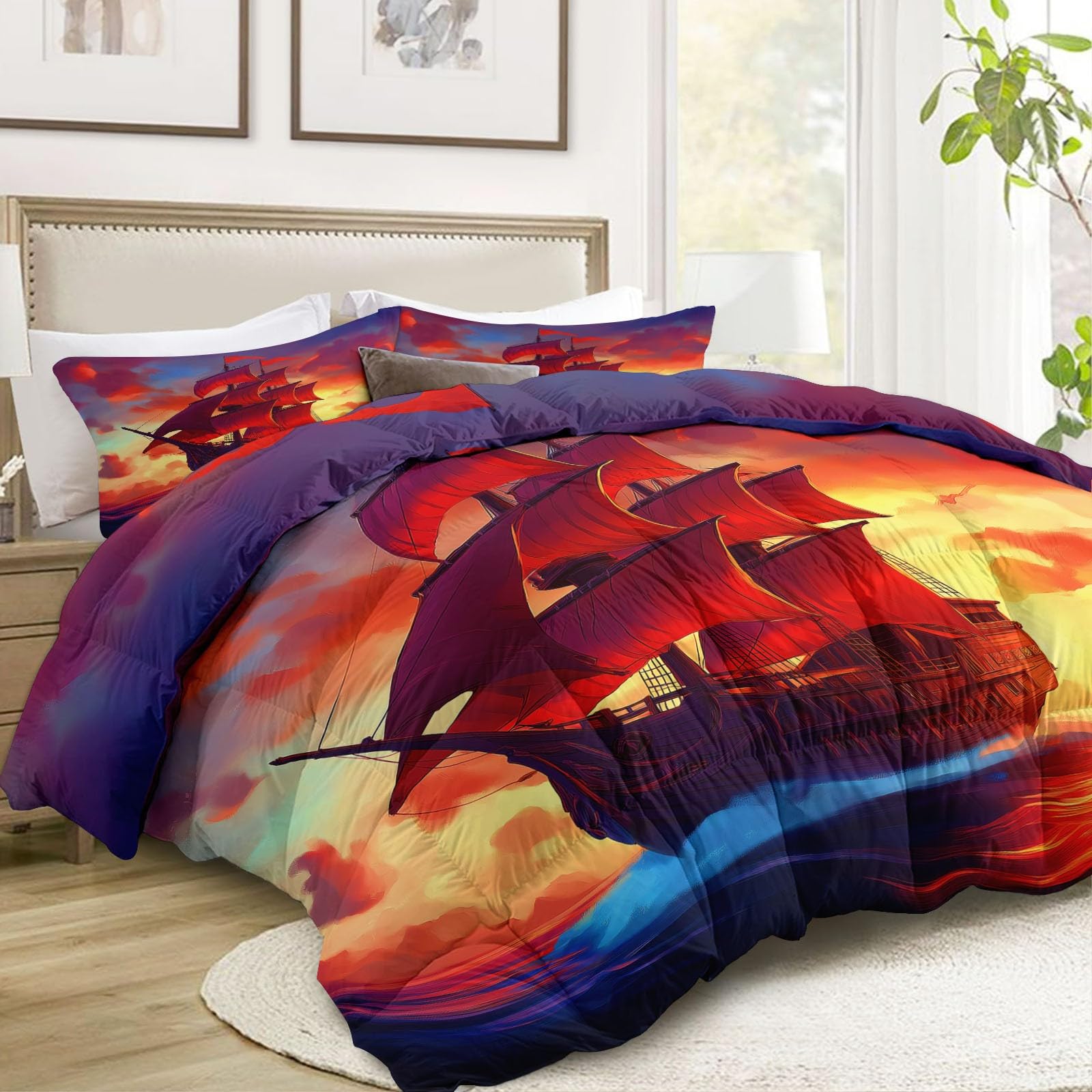 Generico Zimowa kołdra 140 x 200 cm, żaglówka oceanowa, zachód słońca, kołdra z pianki poliuretanowej 400 g/m², ciepła i elegancka, antyalergiczna i oddychająca pościel 3-częściowy zestaw, czerwona