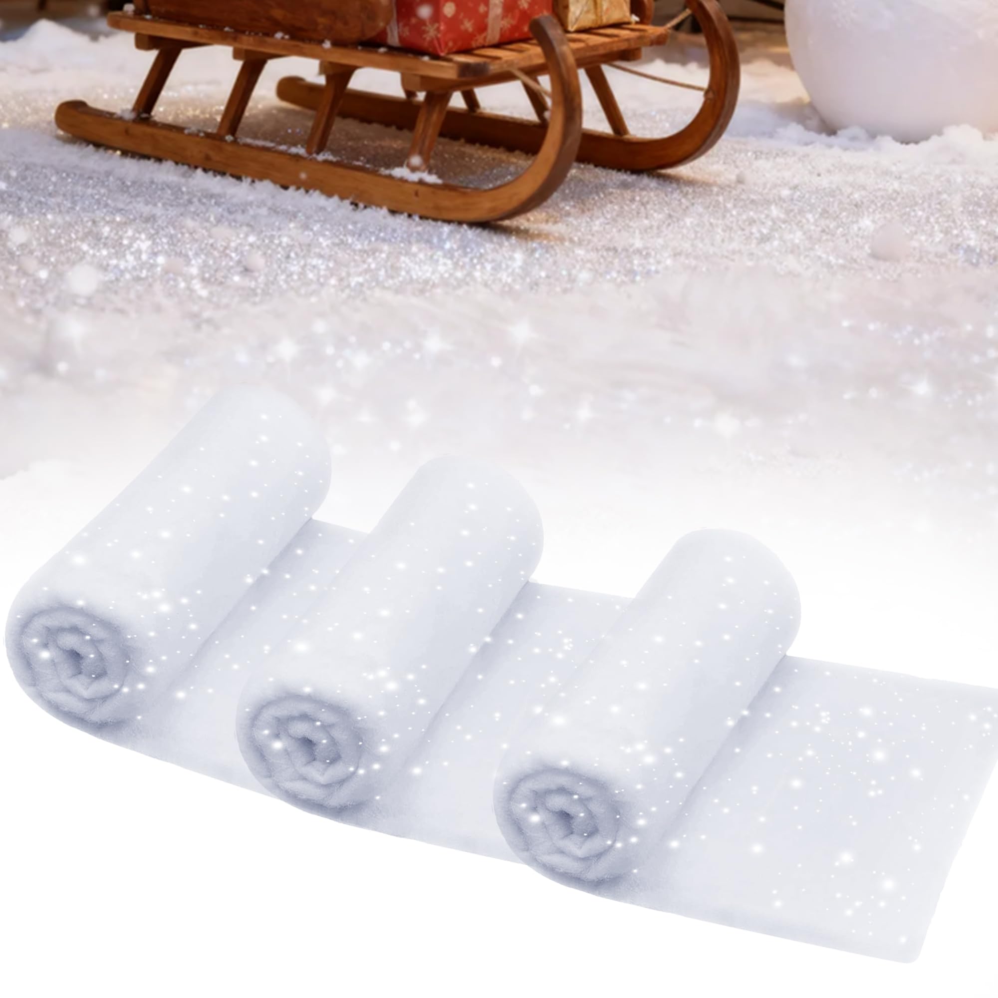 YOZAIUUI 3-Pack Glitter Artificial Snow Blanket: Polyester Christmas Snow Blanket Roll Soft Fluffy Fake Snowing Blankets for Christmas Village Party Backdrop Winter Wonderland Decor (1.24 x 4.92 FT)