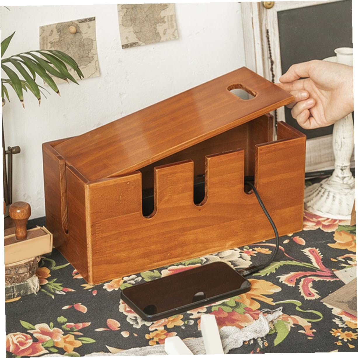 Caja Ocultador De Cables De Madera Sólida 12x5.5x5.3 Pulgadas para Oficina Hogar Aulas Seguridad Antidescargas