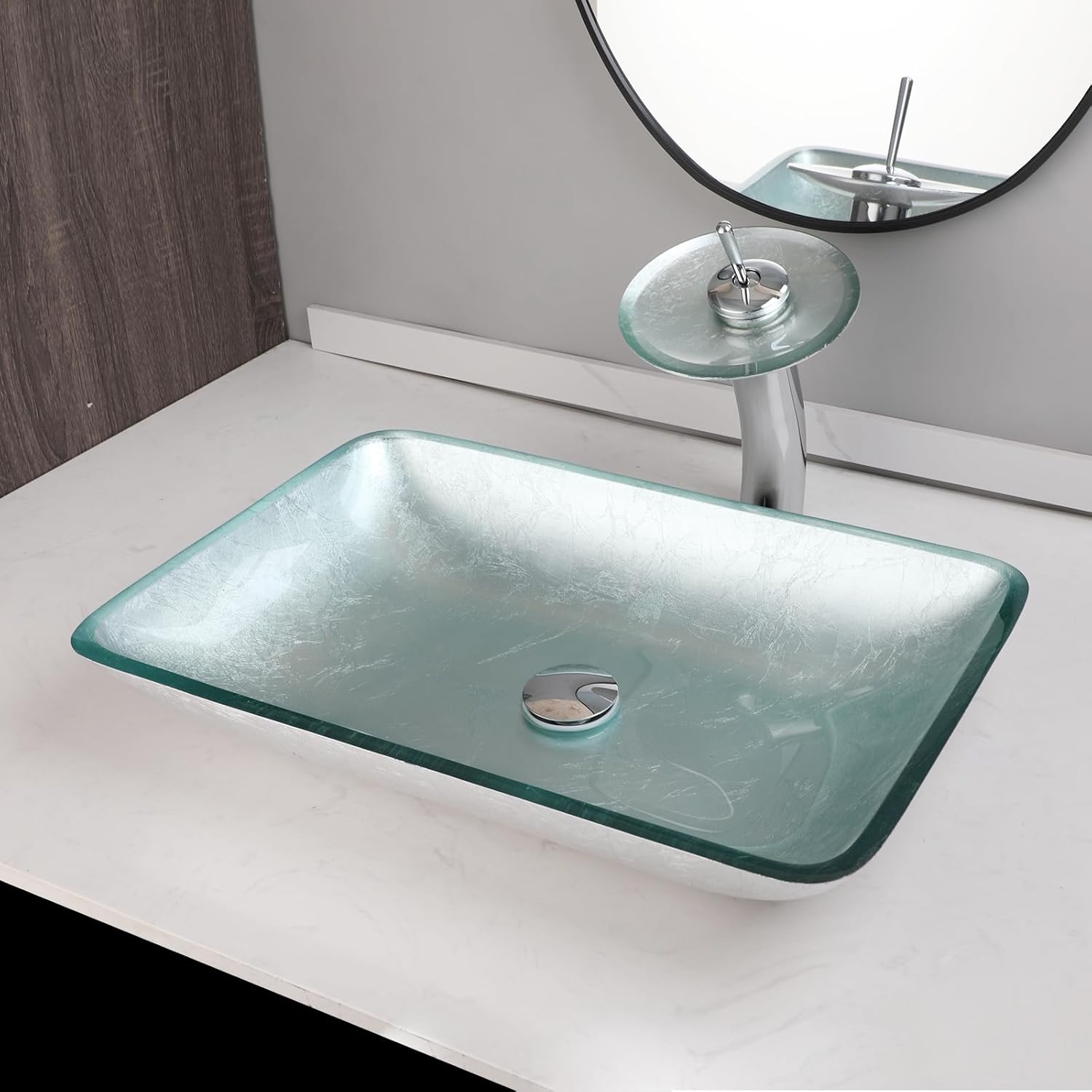 Tempered Glass Vessel Sink with Waterfall Faucet and Drain Combo 22 Inch Silver Rectangular Glass Bathroom Vessel Bathroom Sink Above Counter Silver Bowl Sink Rectangle for Bathroom