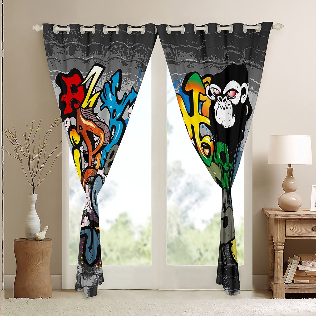 Hip Hop Curtains for Bedroom Living Room Colorful Graffiti Printed Curtains for Kids Boys Teens Cartoon Alphabet Printed Windows Drapes Street Hipster Curtains,W66*L72 - Image 4