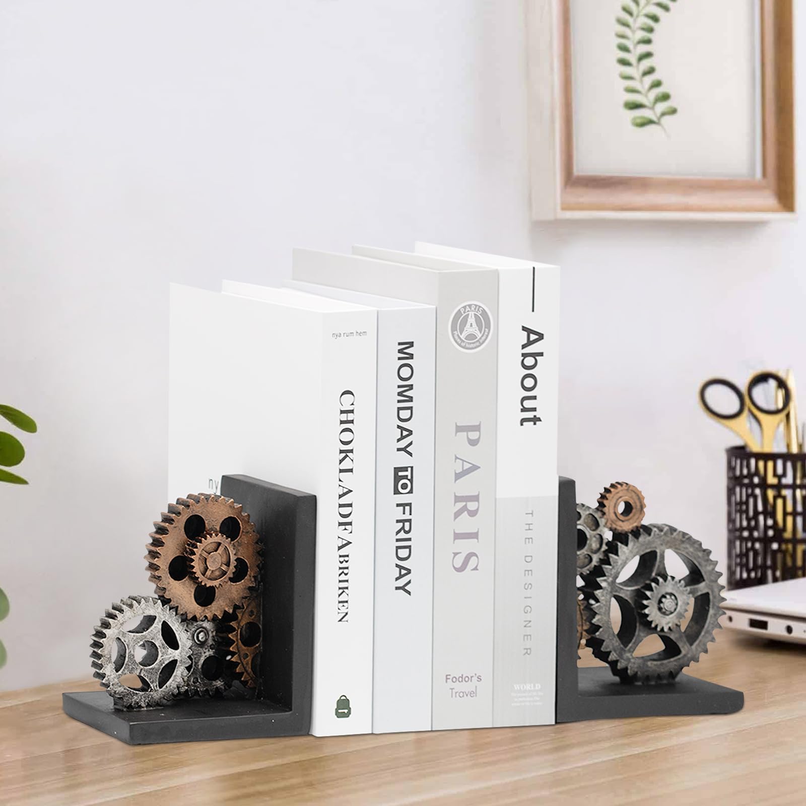 Upriver Podpórki do książek w stylu vintage, imitacja metalu, dekoracyjne końcówki do książek, w stylu steampunkowym, do domu, biura, biblioteki, szkoły