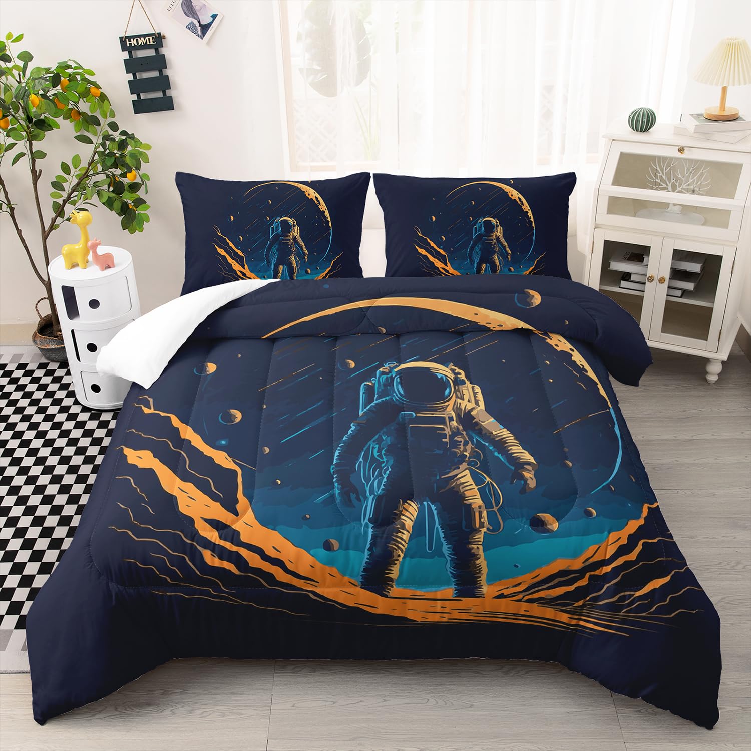AILONEN Cartoon Astronaut Comforter Set Queen Size, Outer Space Astronaut Bedding Set for Kids,Boys,Fantasy Planet Duvet Set for All Season,1 Quilt + 2 Pillowcases,3-Piece,Comfortable,Soft