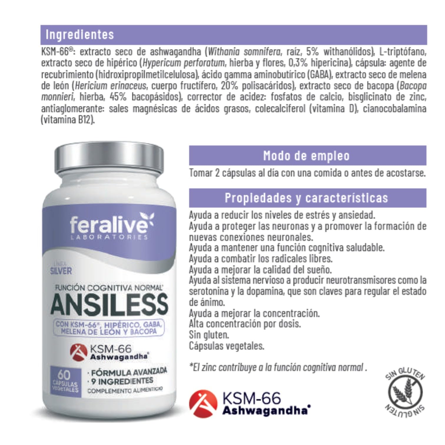 Ansiless 60 Cápsulas – Ashwagandha KSM-66® + Hipérico + GABA + Melena de León – Suplemento para Función Cognitiva, Estrés y Concentración Mental