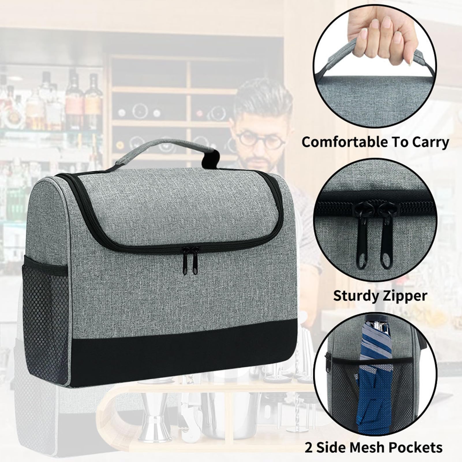 Borsa da viaggio per bartender, custodia da viaggio, porta attrezzi, manico rinforzato, pratico porta da bar, per interni, cucina, cortile, picnic, riunioni