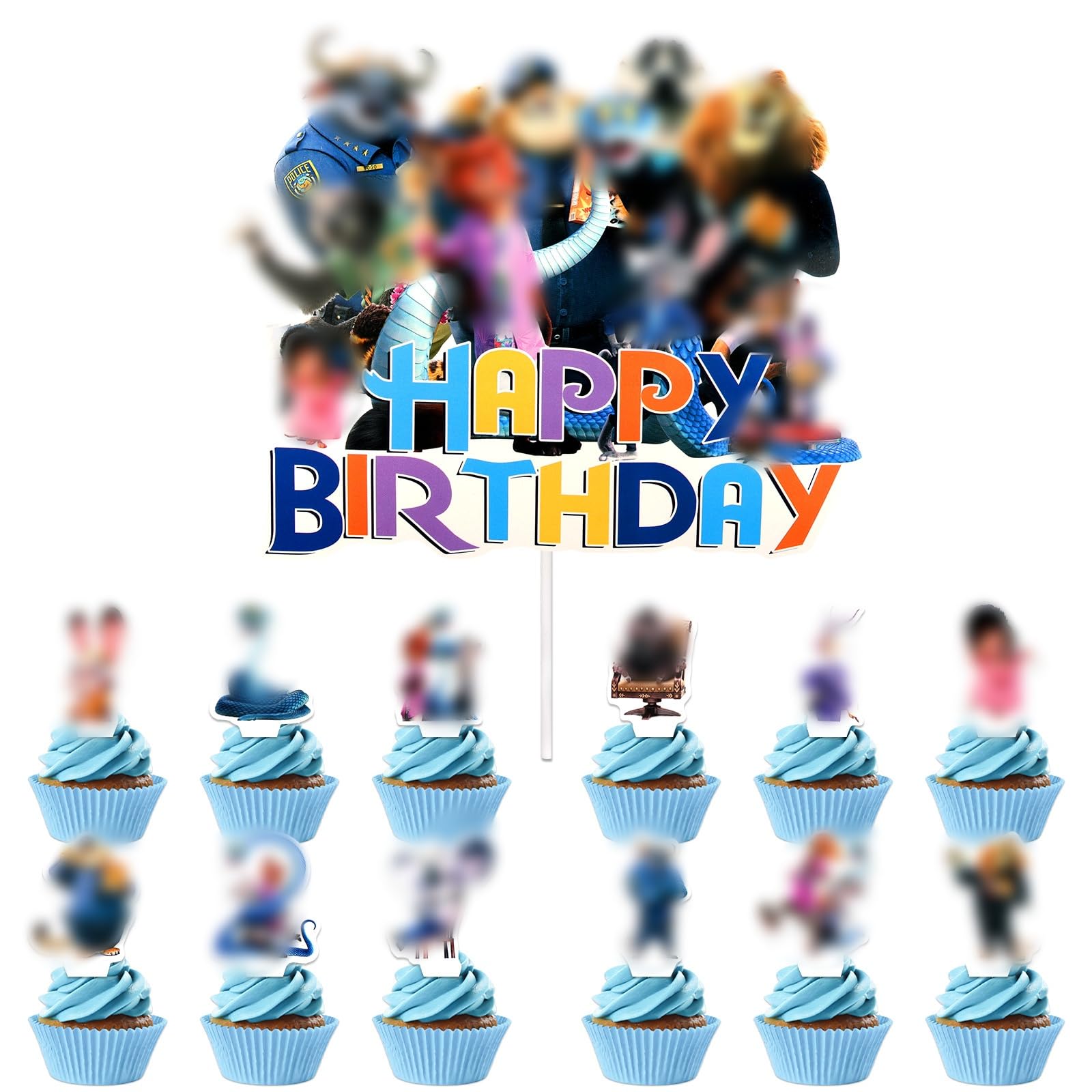 25 Pcs Cake Toppers, Cake Birthday Party Decorations Figures 1 Big Cake Decoration 24 Cupcake Toppers Supplies for Kids Boy Girl Birthday Shower Theme Party