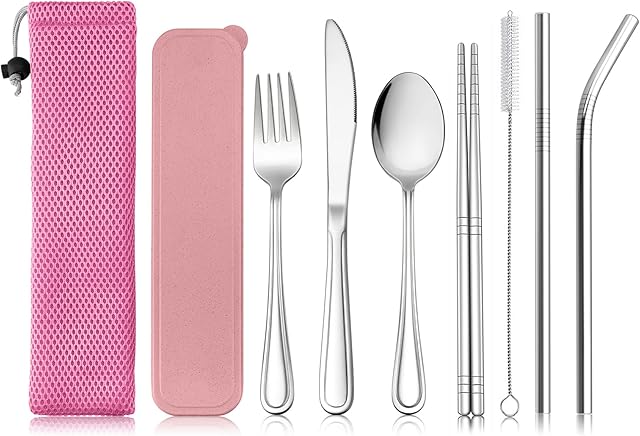 9 Piece Travel Cutlery Set, Haware Stainless Steel Picnic Camping Flatware Set for 1 with Knife, Fork, Spoon, Chopsticks, Cleaning Brush, Straws, Portable Case& Bag, Portable& Reusable (Pink)