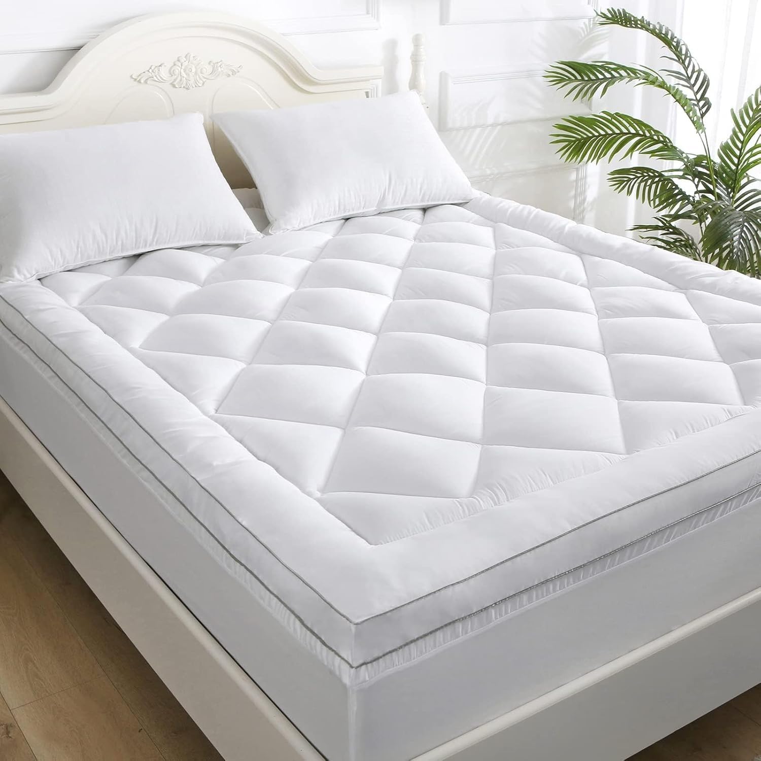 Sunshine Comforts (Single, White) Mattress Topper 10Cm Thick Quilted Microfiber, 1200Gsm Anti-Allergy Fill, Washable With Elastic Straps, Extra Comfort