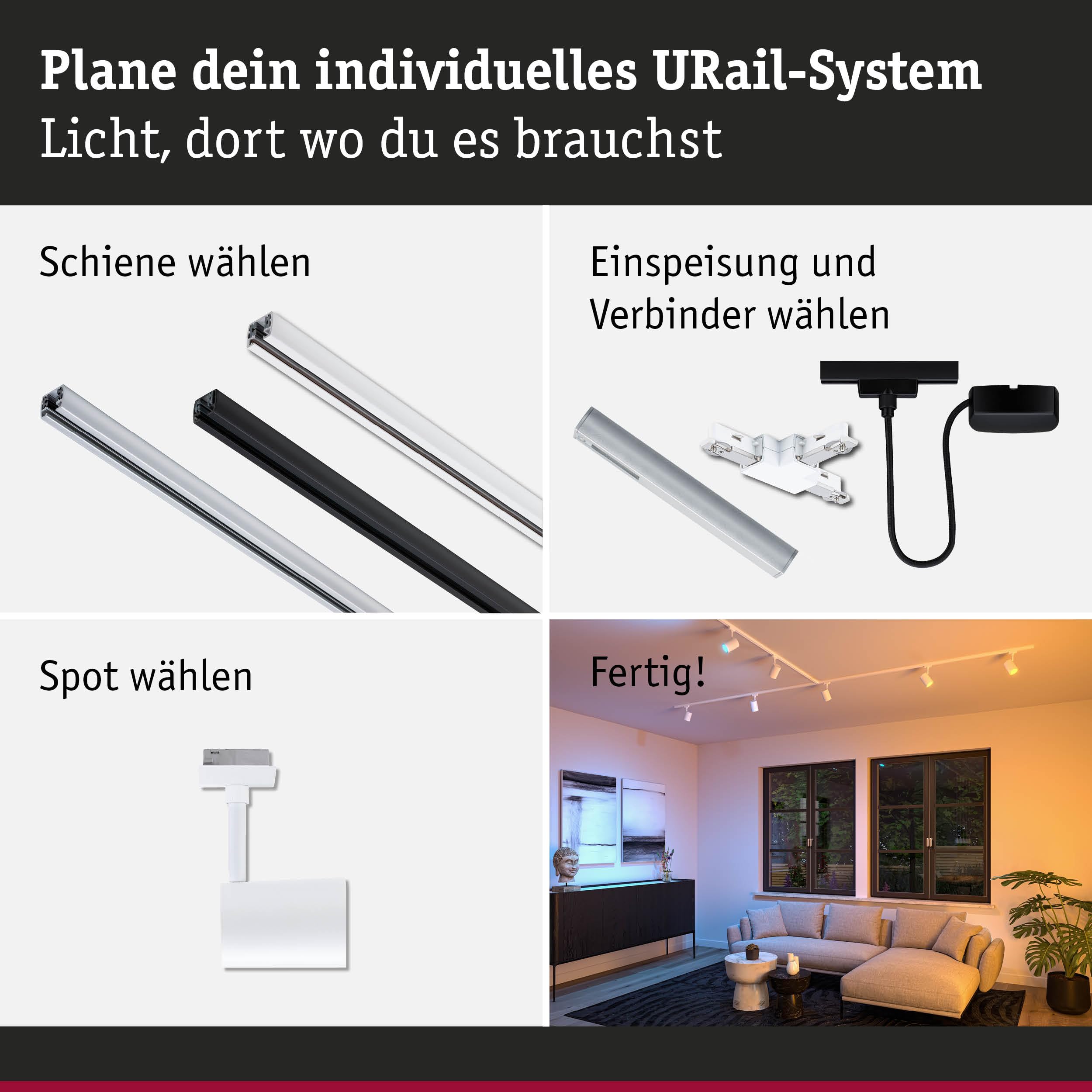 Paulmann 95663 URail Schienenspot Luxe Smart Home Zigbee RGBW GU10 4,8W dimmbar 230V Signalweiß Schienensystem