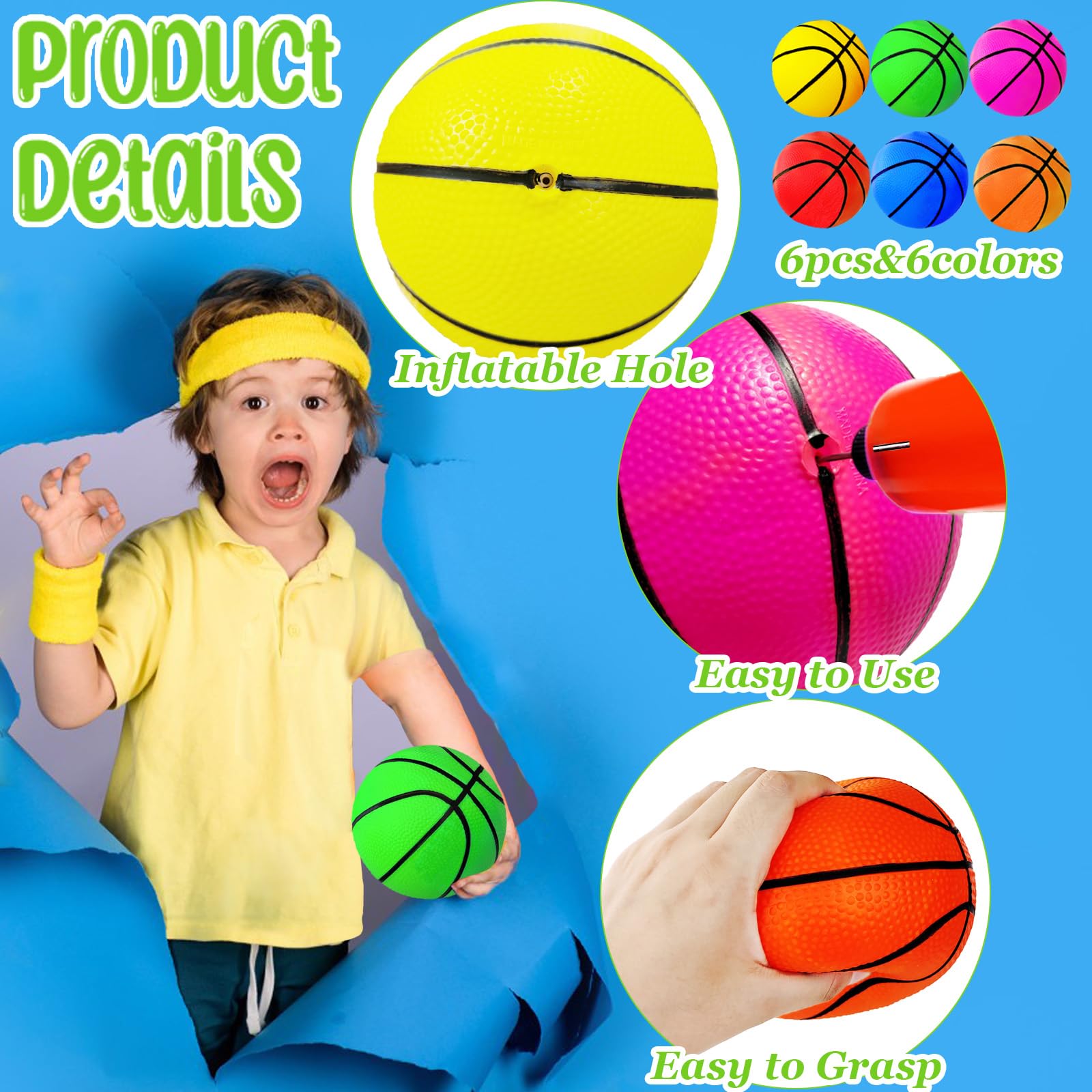 Set De 6 Ballons De Basket Miniatures 10 Cm – PVC – Pompe Incluse – Couleurs Aléatoires – Jouet Intérieur