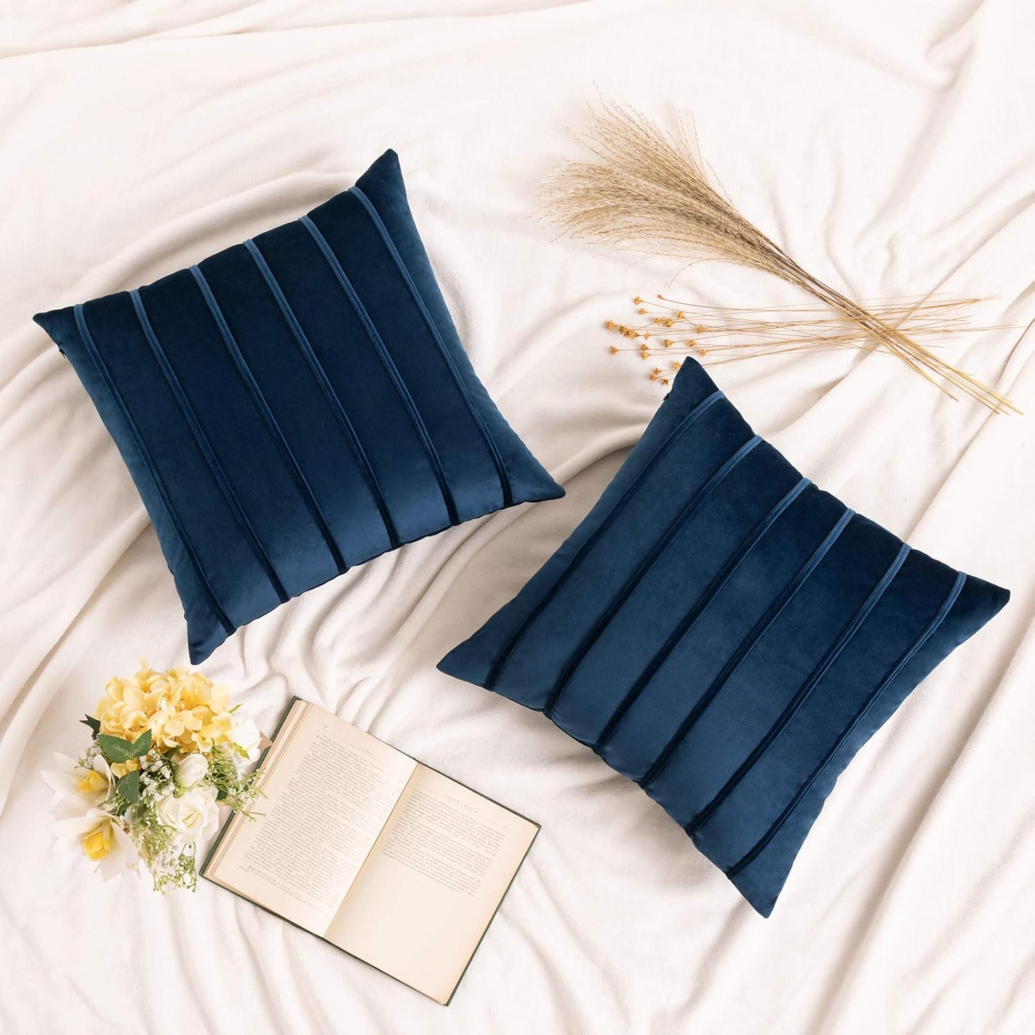 MIULEE Decorative Velvet Throw Pillow Covers Soft Solid Pillowcases Striped Lumbar Square Cushion Covers for Couch Sofa Bed Living Room 18x18 inch, Pack of 2, Dark Blue
