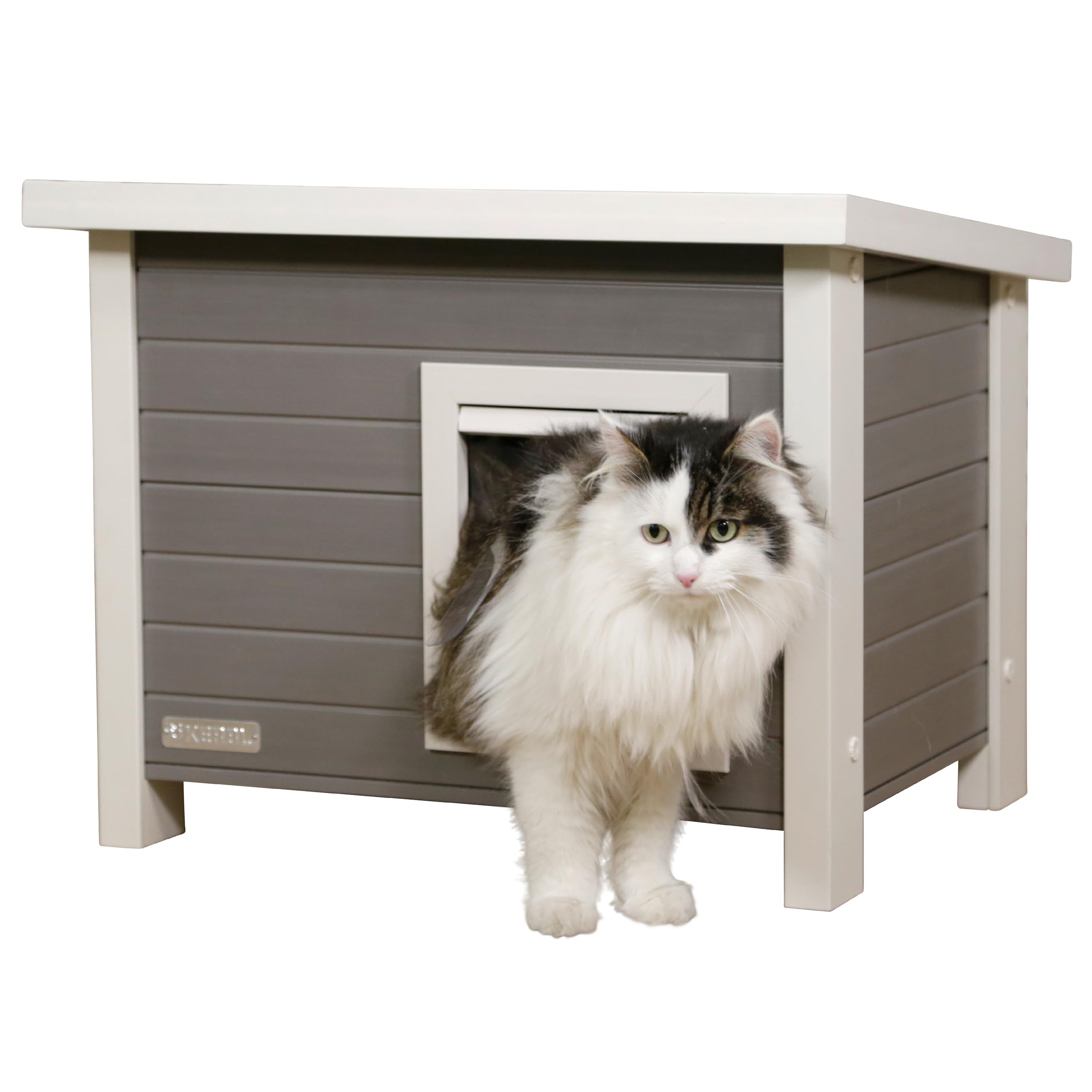 Kerbl Pet Katzenhaus Eli | Grau/Weiß, 57 × 45 × 43 cm, wetterfestes Haus aus recyceltem Kunststoff und Holz, einfach zu montieren