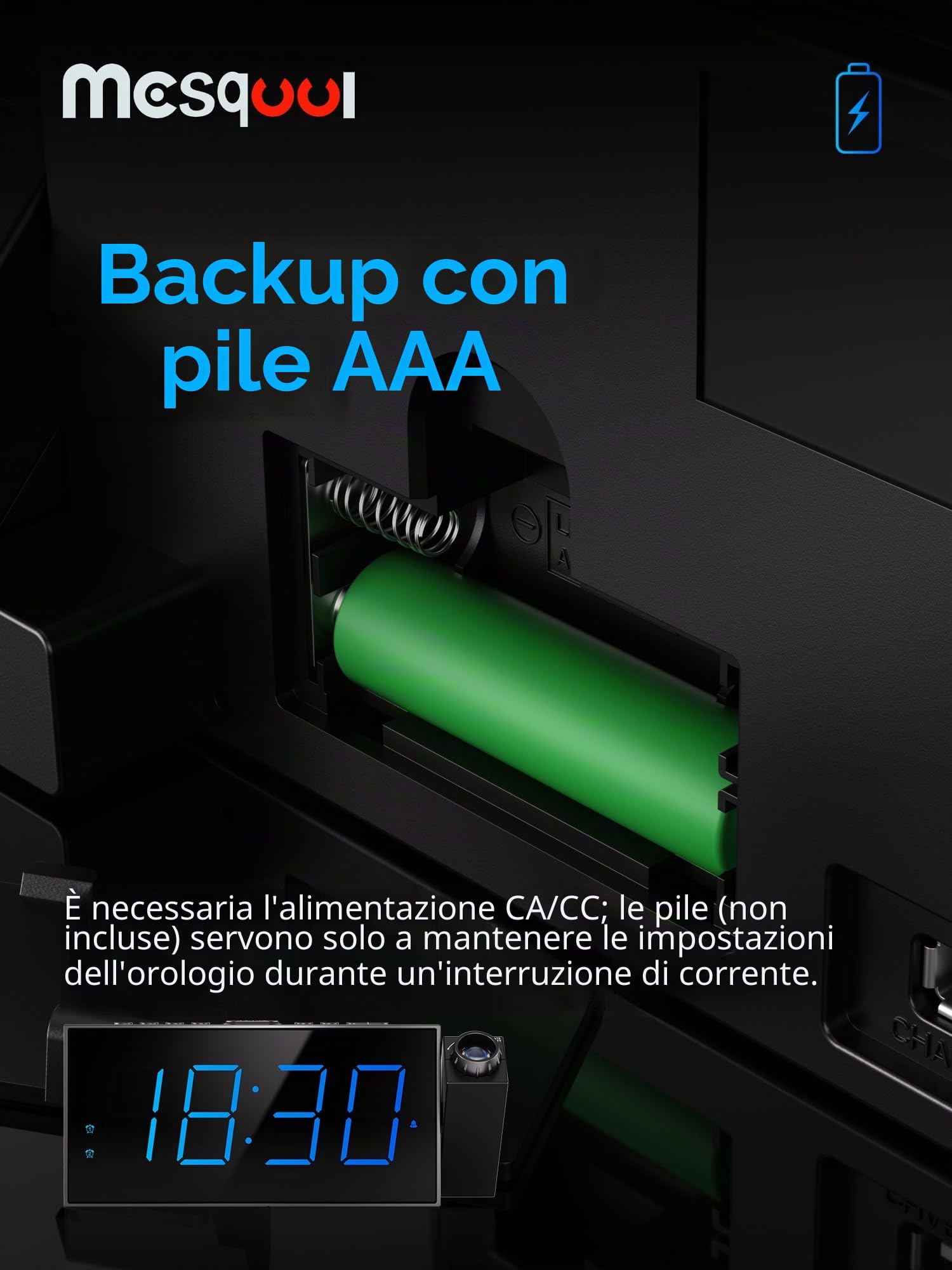Sveglia di proiezione, display digitale da 7 pollici, doppio allarme, porta USB, volume di allarme regolabile, snooze, 12/24, backup batteria per camera da letto, soffitto, parete, casa, bambini,