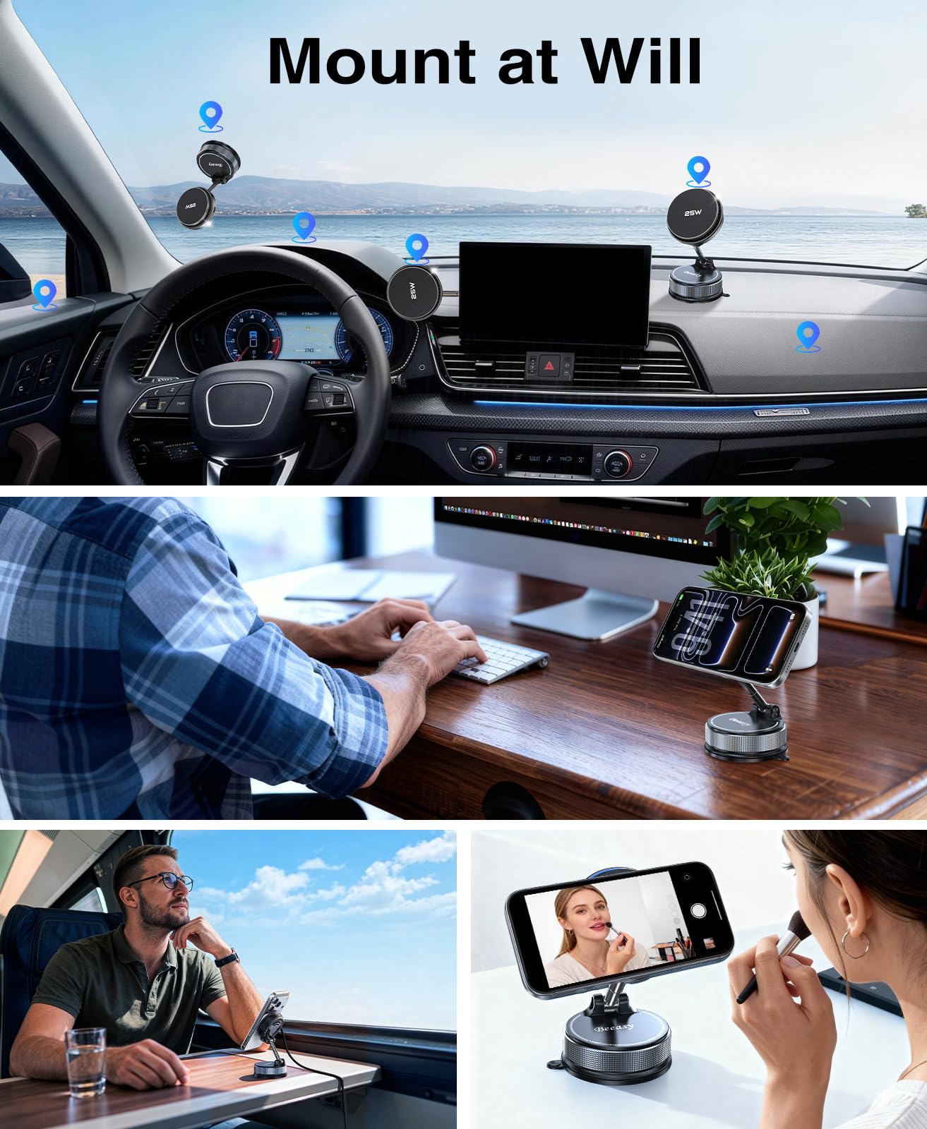 Beeasy Do ładowarki samochodowej 25 W Qi2.2 z wentylatorem chłodzącym, przyssawka próżniowa regulowana 360° samochodowa ładowarka magnetyczna, bezprzewodowa ładowarka samochodowa z adapterem 63 W do