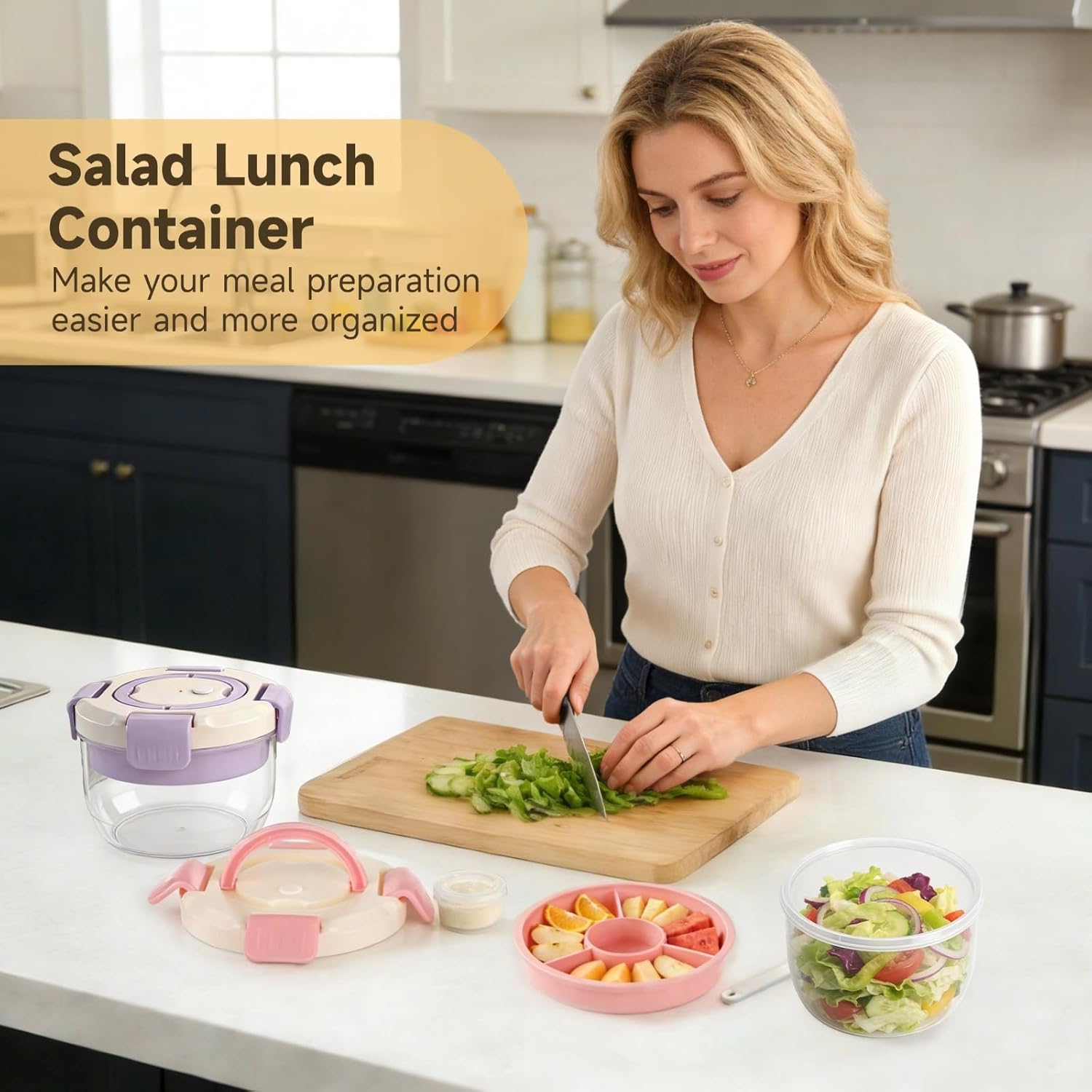 ZALIR 3 Pcs Salad Lunch Container Set, 44 Oz Plastic Bento Meal Box with 3 Compartments, Leakproof Dressing Container & Fork Included, Ideal for Meal Prep, Fruits & Snacks
