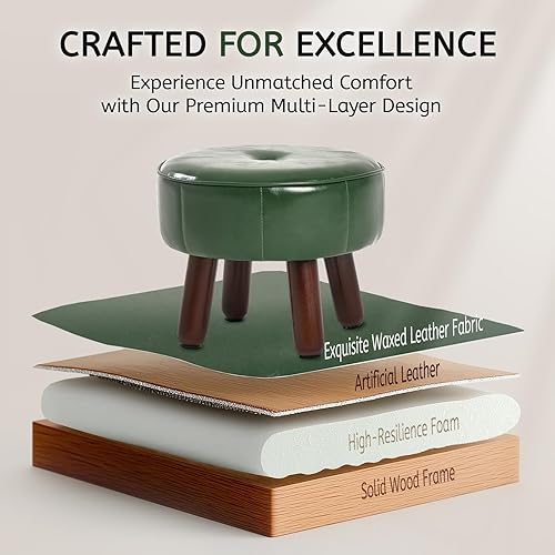 Miniatura 7 de Taburete otomano pequeño de 13 pulgadas, reposapiés redondo de piel sintética para sofá, reposapiés debajo del escritorio, reposapiés con patas de