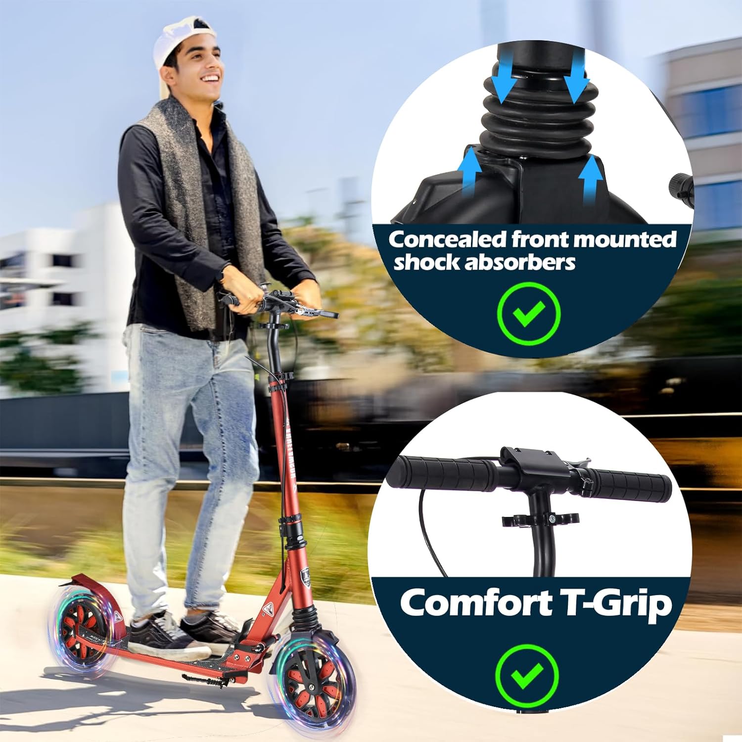 Adult Scooter for Kids, Teens, and Adults, LED 8-inch Big Wheels Commuter Scooters, Sport Folding Kick Scooter, with Kickstand, 4 Adjustable Levels. Bearing ABEC9, Max Load 240 LBS.