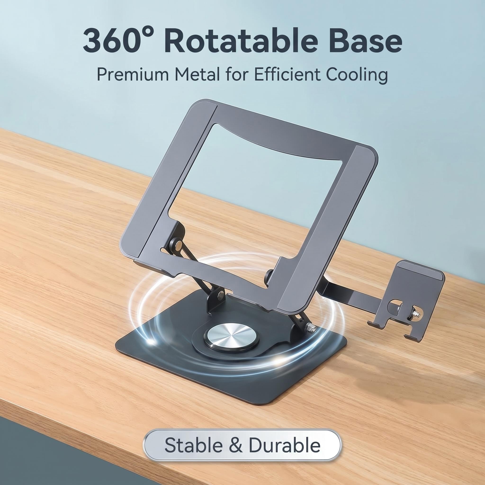 Supporto ergonomico per portatile con hub USB e supporto per cellulare, girevole a 360°, in metallo, regolabile, per ufficio e casa