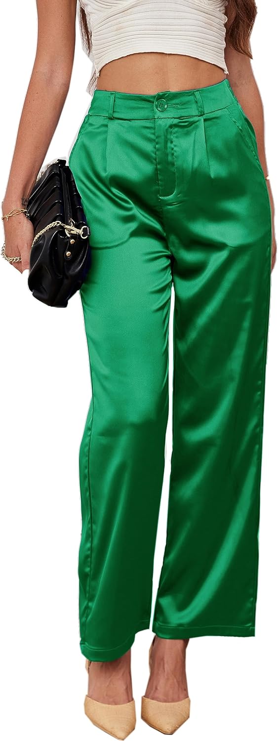 heipeiwa Women's Wide Leg Wedding Party Satin Casual Dress Nightout Pants Long Trouser