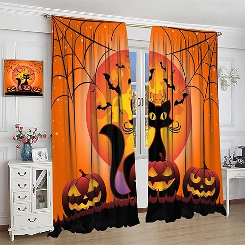 Miniatura 4 de Cortinas de Halloween con diseño de gato negro, murciélagos góticos, araña, terror, fantasma, naranja, luna llena, noche de feliz Halloween,