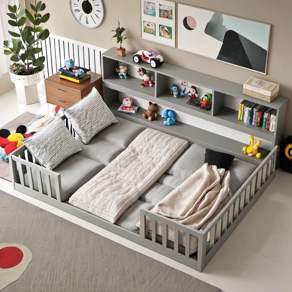 Full Size with Bedside Bookcase & Shelves/Montessori Floor Bed,Easy to Assemble Wood Frame/Safety Guardrails for Girls & Boys,Grey