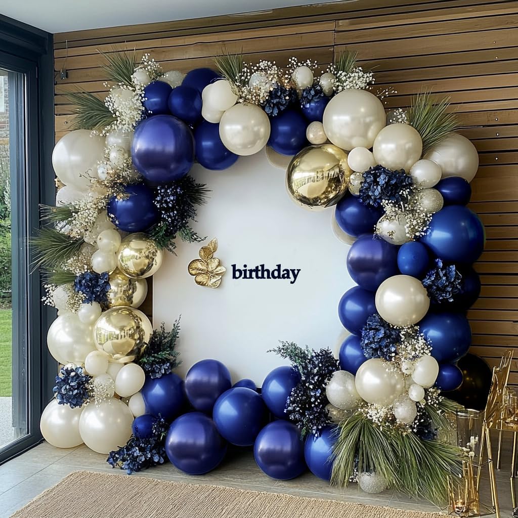 Navy Blue Gold Balloon, Garland Double Stuffed Pearl White Royal Dark Blue Balloon Arch Kit for Birthday Baby Shower Wedding Graduation Bridal Party Decoration