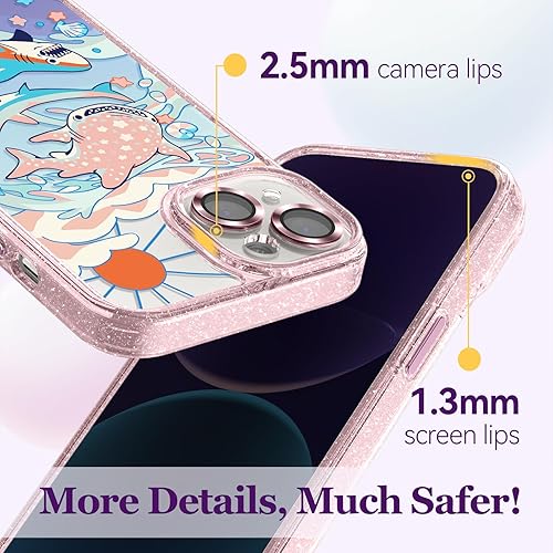 Miniatura 10 de Funda compatible con iPhone 15 Pro Max, bonita estética, funda de teléfono rosa con purpurina y protector de cámara, funda estampada con patrón de