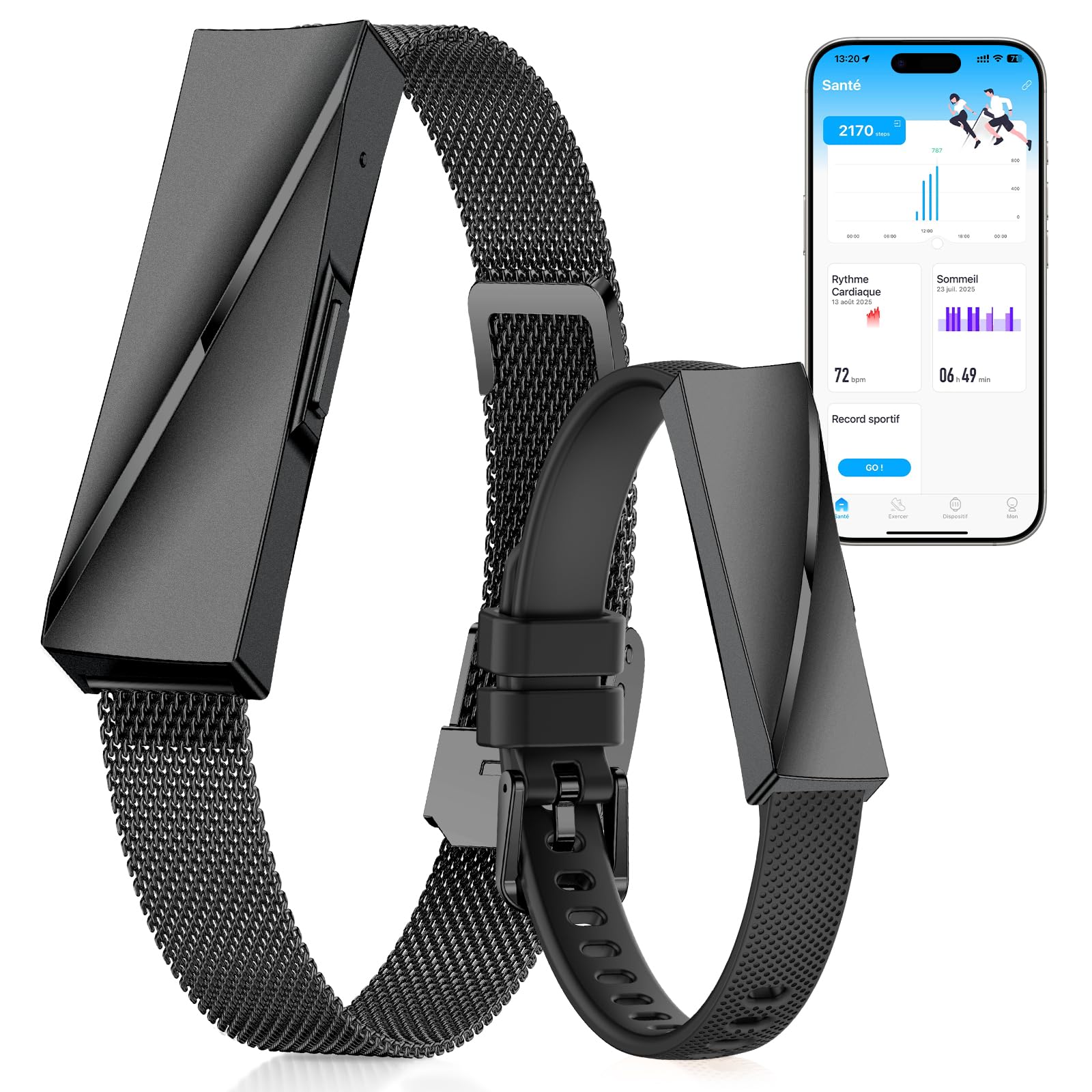 Smart Fashion Bracelet Connecté sans Écran, Smartwatch Fitness Tracker avec Suivi 24/7 Activité, Sommeil & Fréquence Cardiaque, Modes Multisports, Autonomie 15 Jours IP68 (Noir)