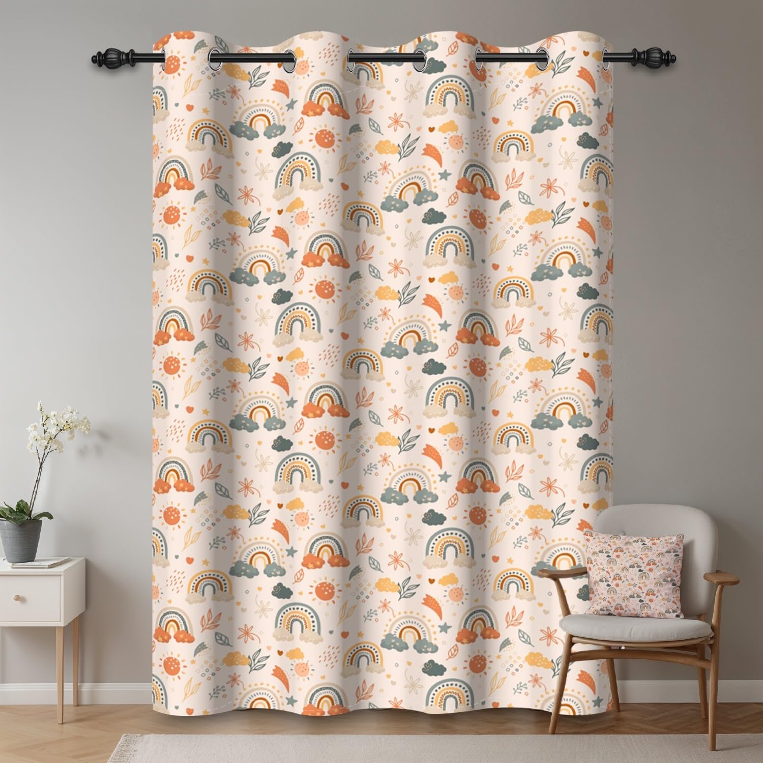 135x245cm Rideau occultant Arc-en-Ciel pour Chambre d'enfant bohème Ciel Rose Fleur Feuille Œillet Séparateur de pièce Rideaux pour fenêtres Bébés Filles Salle de Jeux Salon,1 Panneau Simple
