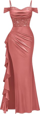 Miusol Women's Sexy Off Shoulder Sequin Lace Wedding Bridesmaid Party Long Dress