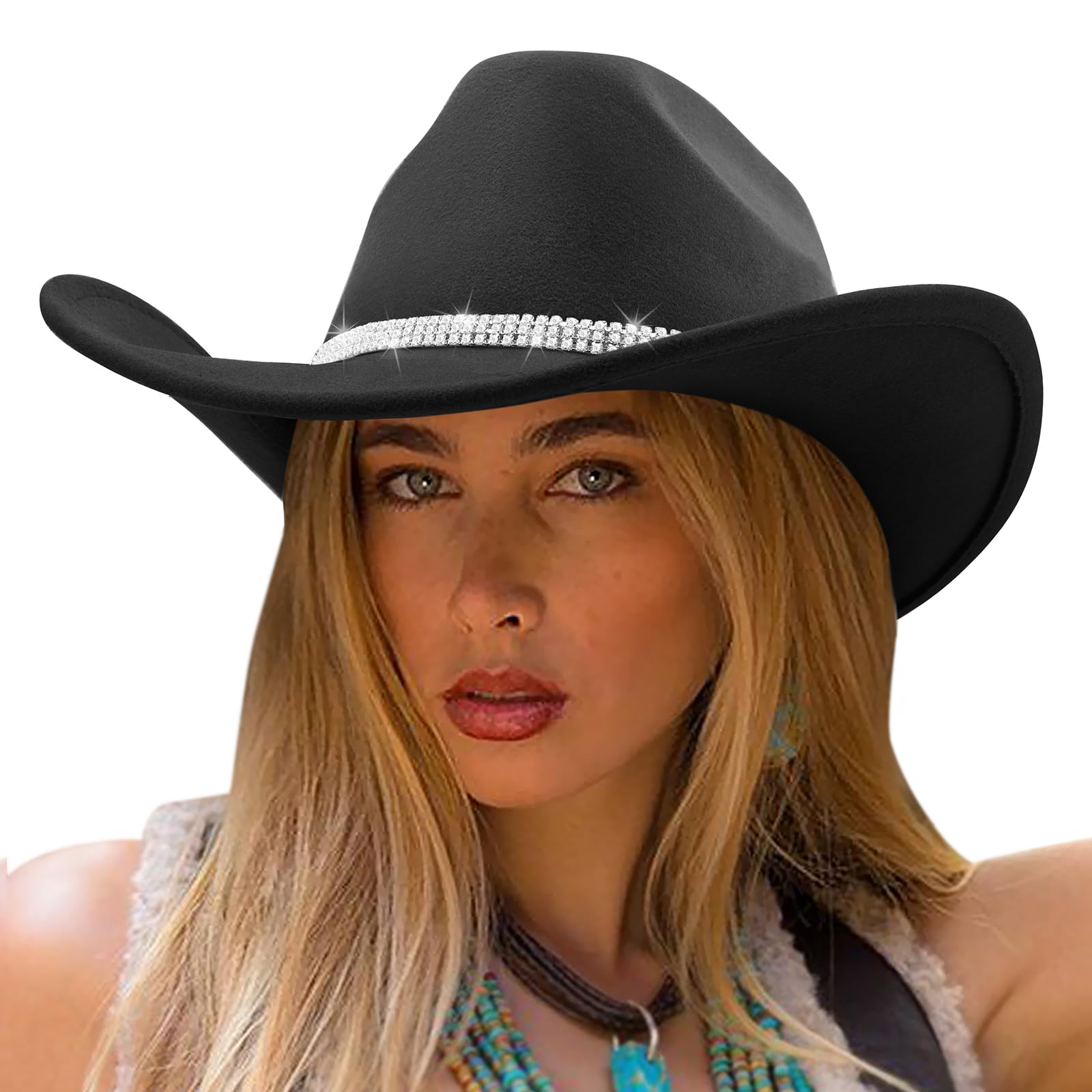 DRESHOW Cowboy Hat Women Western Felt Roll Up Cowgirl Hat Classic Bling Diamond Band Decoration Rodeo Fedora