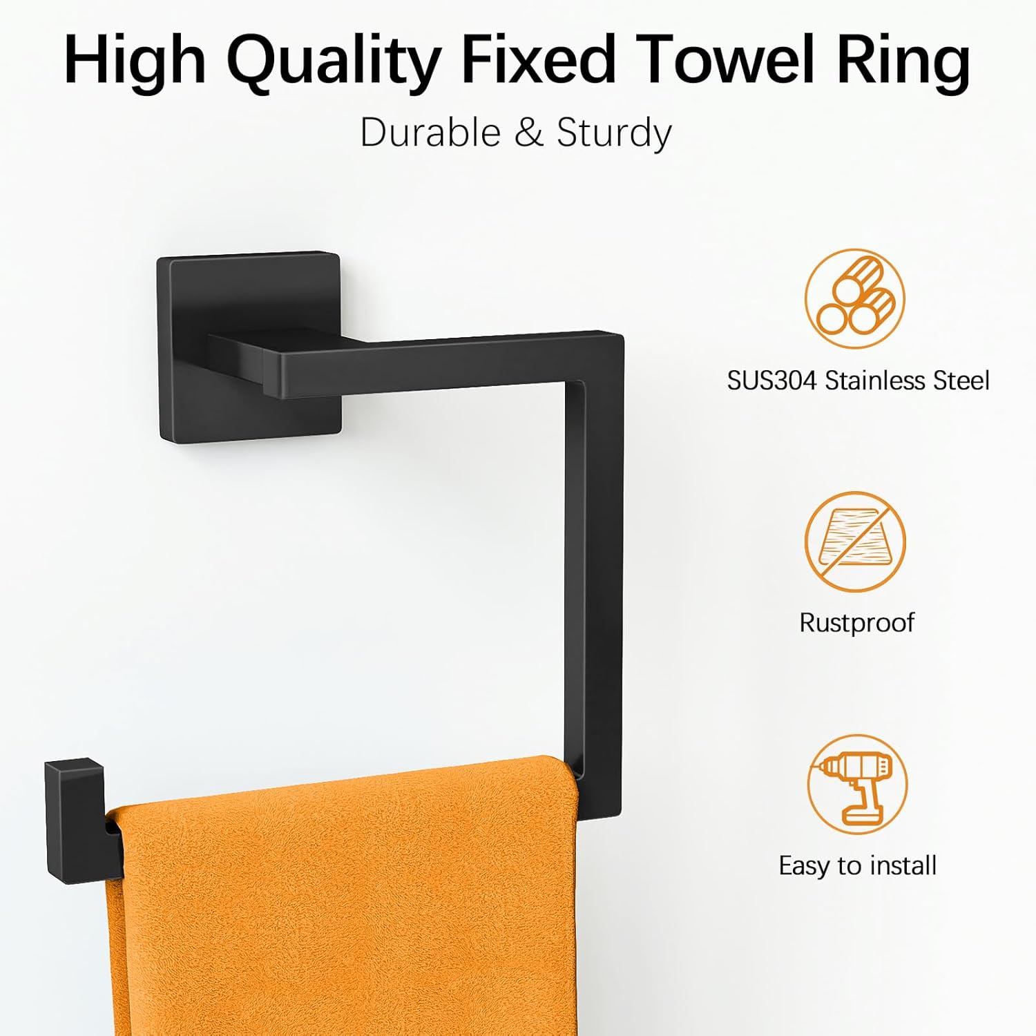 Matte Black Square Towel Ring, Multifunctional Toilet Paper and Hand Towel Holder for Bathroom Wall Mount, Stainless Steel Heavy Duty Towel Hanger for Shower, Kitchen, Toilet