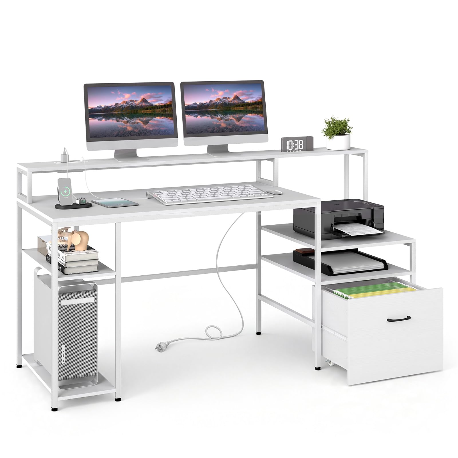COSTWAY Scrivania Gaming Salvaspazio con Stazione di Ricarica (Bianco) | Scrivania con Ampio Piano, Cassetto con Ruote, Supporti per PC, Monitor e Stampante, per Ufficio e Casa