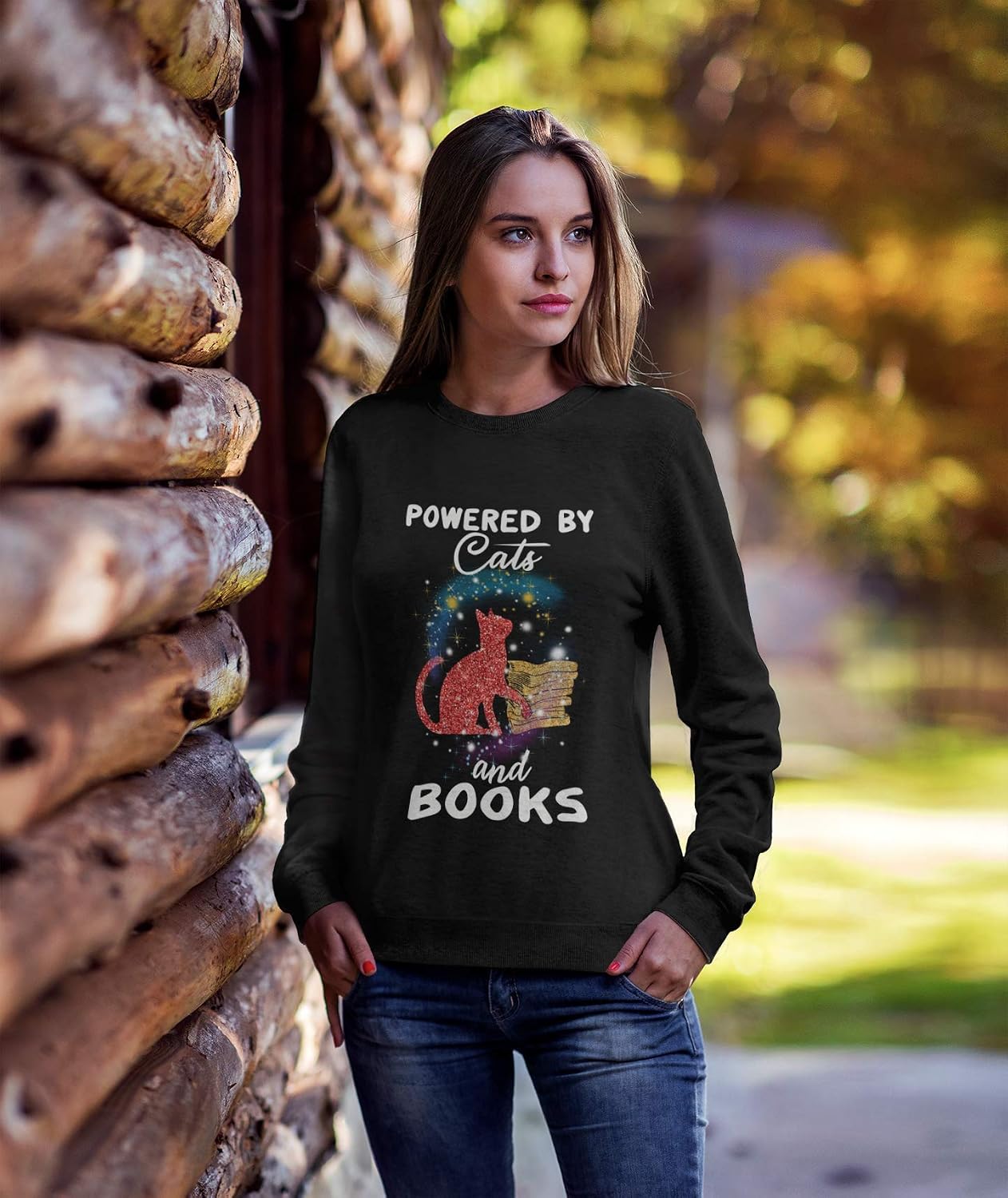 Ultrabasic Women’s Graphic Sweatshirt Powered By Cats And Books - Cat Lovers Eco-Friendly Limited Edition Long Sleeve Ladies Sweater Vintage Birthday Gift Novelty Pullover Deep Black L