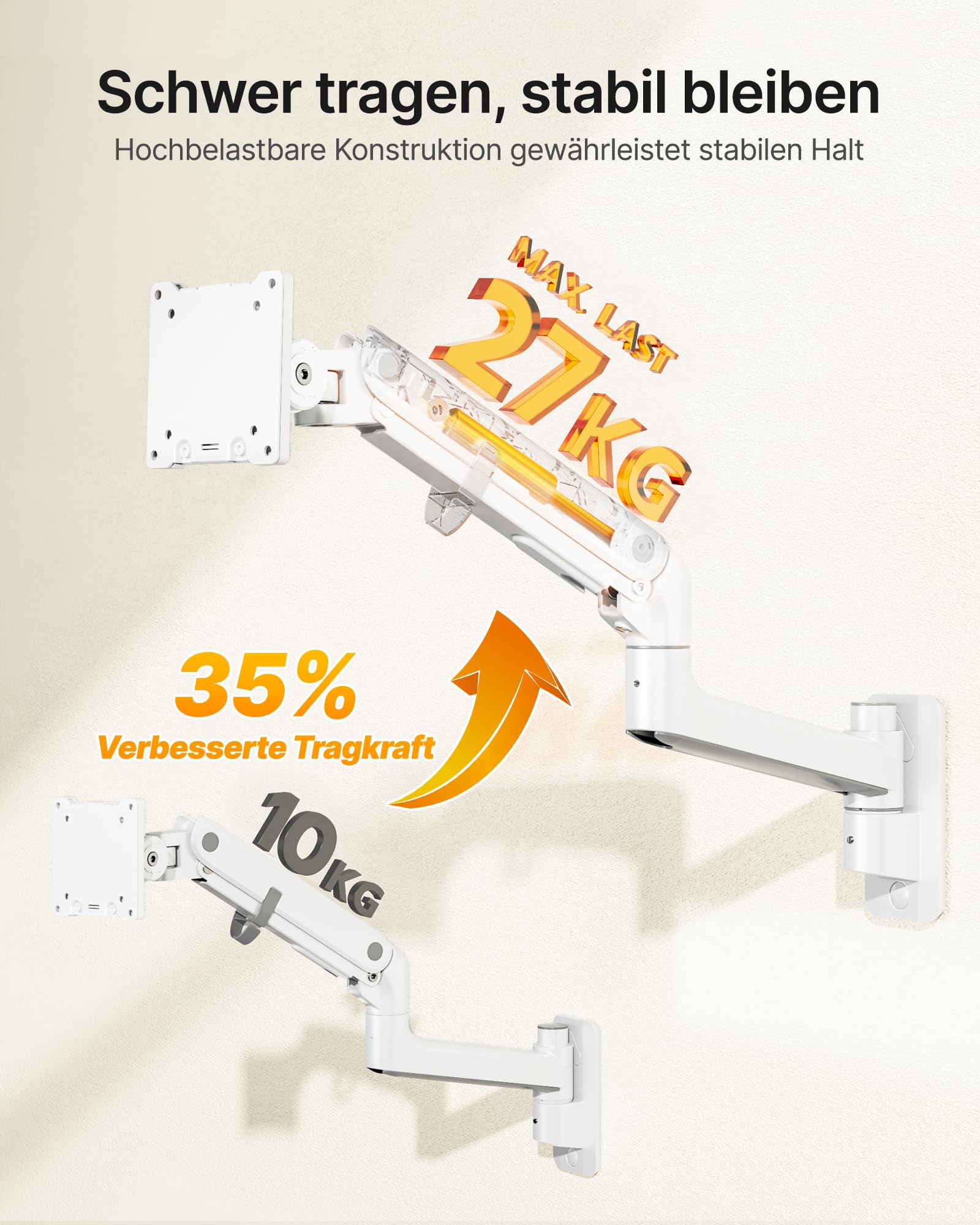 monTEK Supporto da parete per monitor da 17-57 pollici Ultrawide fino a 27 kg | Braccio per monitor con molla a gas, con piena mobilità e altezza regolabile, VESA 75 x 75/100 x 100, bianco