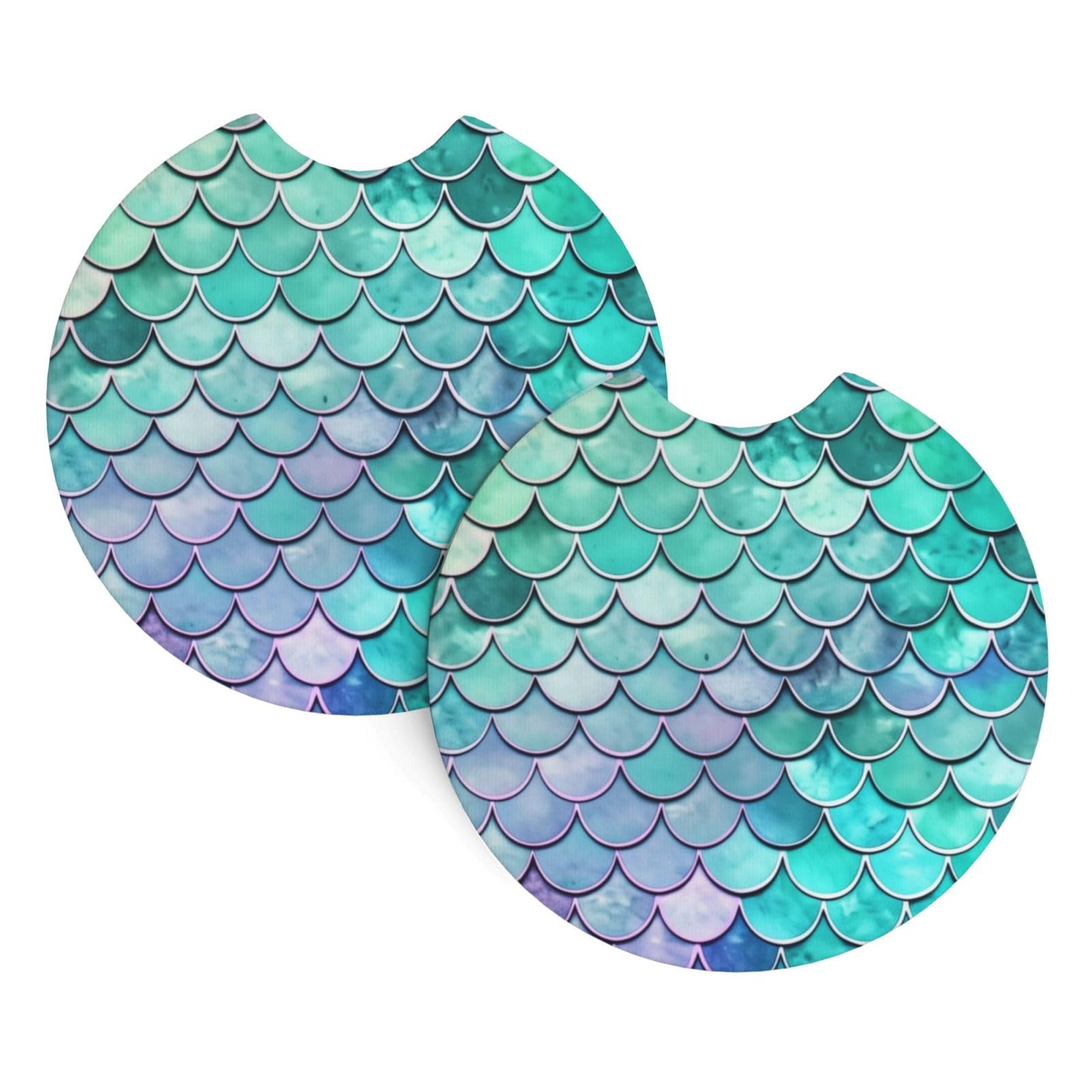keluki 2PCS Mermaid Fish Scales Print Car Cup Holder Coasters,Anti Slip Rubber Mat with Finger Notch for Women Men 2.7 inche