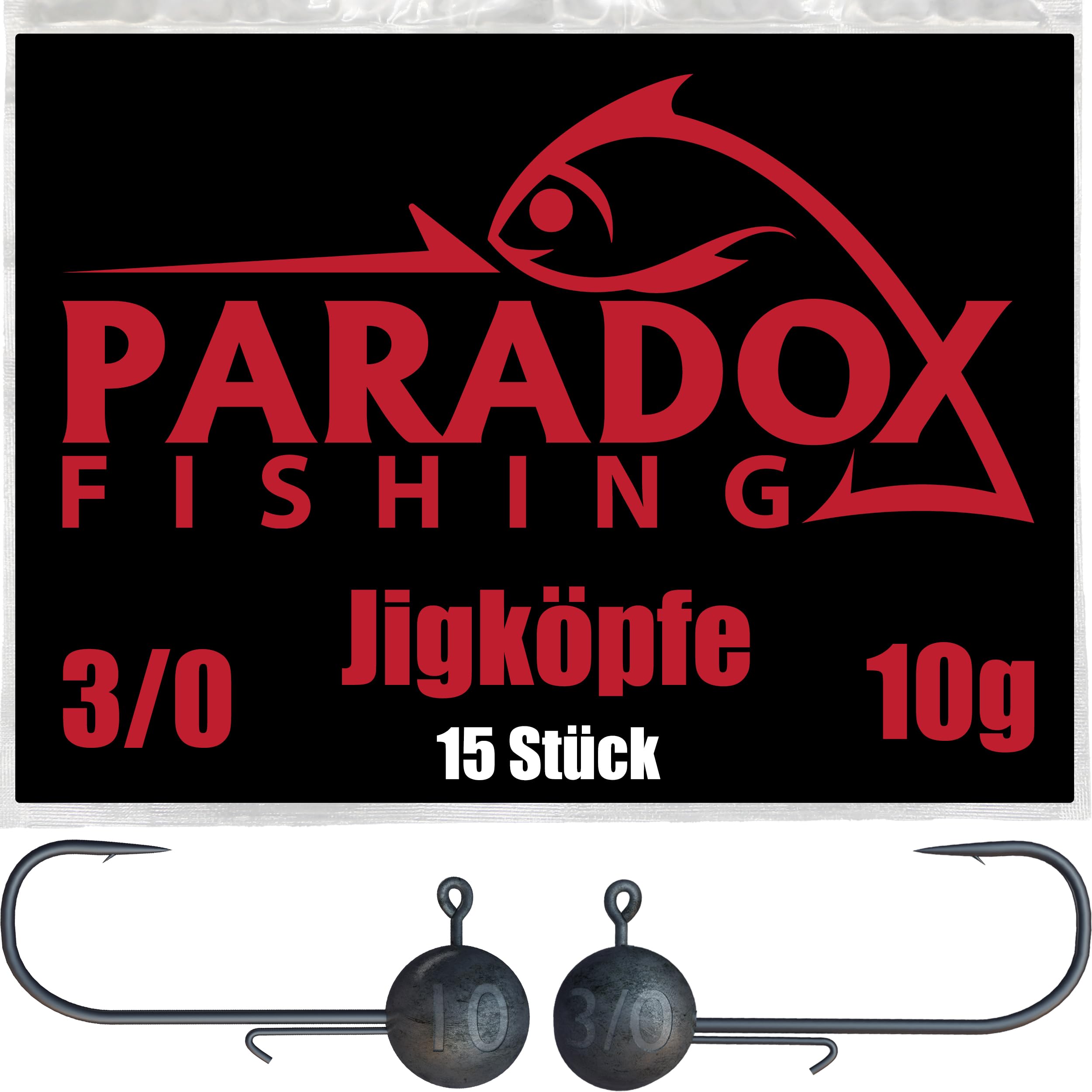 Paradox Fishing Jigköpfe Set 15x 10g 3/0 I Jig Köpfe Gummifisch mit Jighead für Gummifische Barsch Hecht Zander Angelzubehör