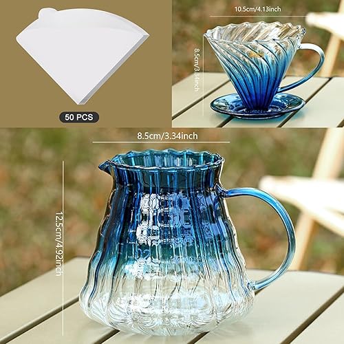 Miniatura 2 de Bincoo V60 - Juego de cafetera de vidrio con soporte de madera y papel de filtro para regalo de oficina en casa (azul)