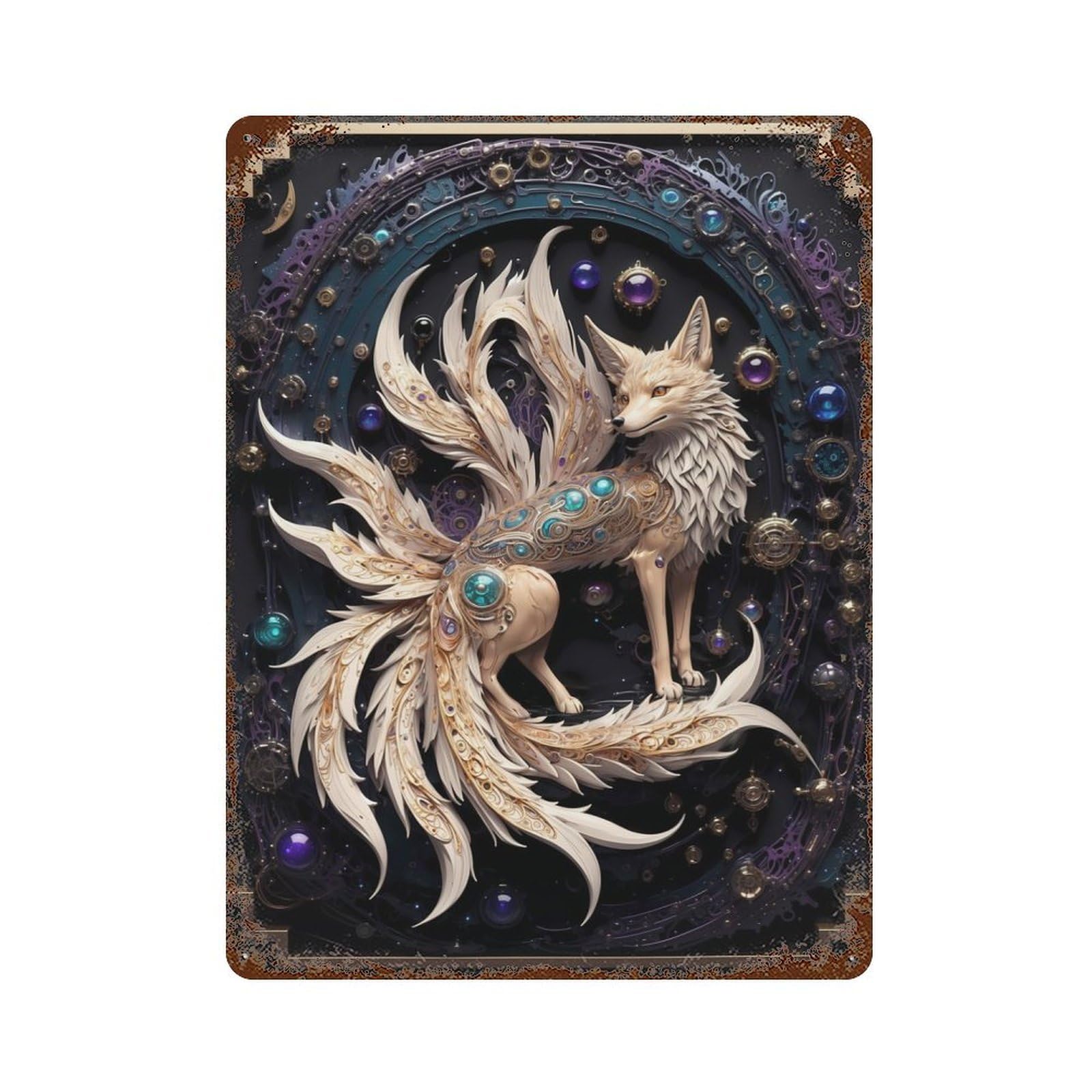 Aged Metal Wall Plaque with Legend Nine Tailed Fox Design 15.7"x11.8", for Farmhouse, Kitchen And Entryway Decor, Old School Wall Decor