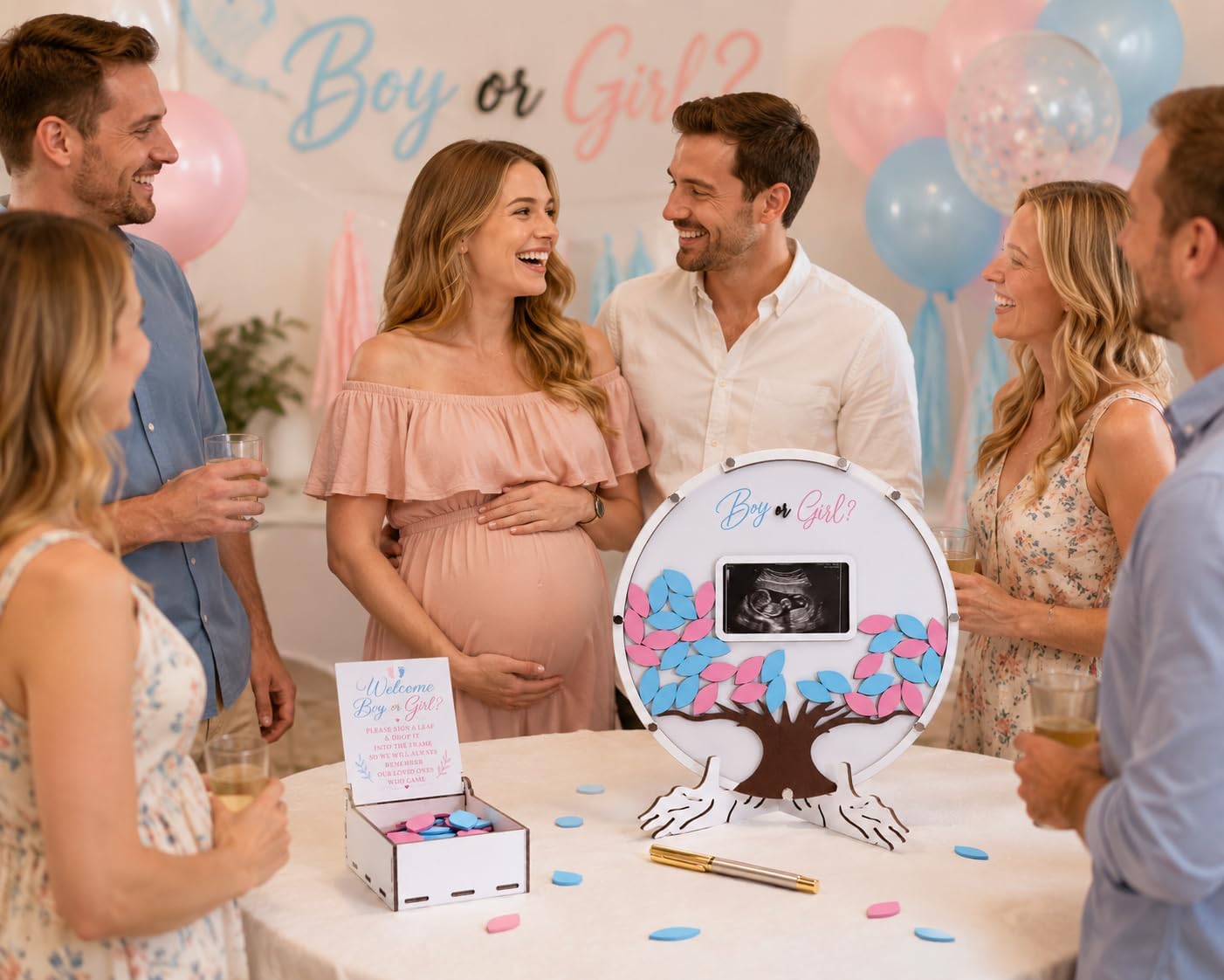 63PCS Gender Reveal Guest Book, Baby Shower Sign in Guest Book with Ultrasound Photo Display, Boy or Girl Voting Game, Wooden Keepsake Box, Stand & Pen