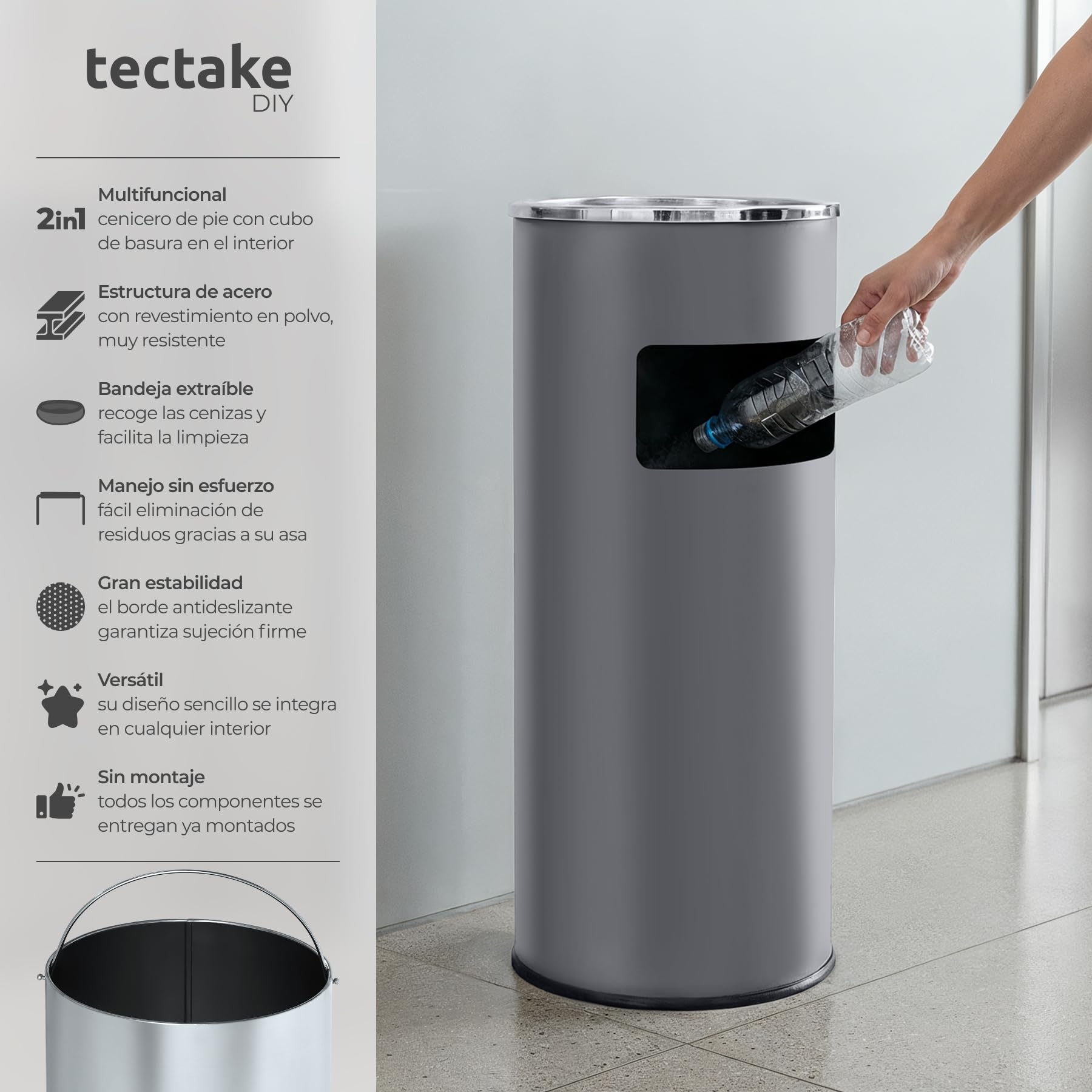 tectake® Cenicero de Pie y Cubo Interior Extraíble, Antideslizante, Metal Resistente, Papelera Oficina, Cenicero Exterior, Ceniceros, Papelera Exterior - Antracita