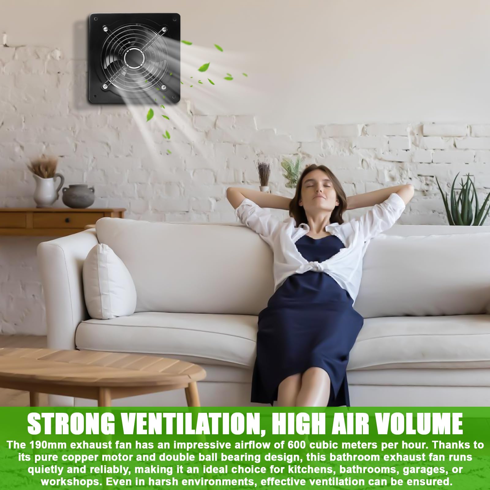 Ventilatore di scarico da 150 mm con valvola di ritorno - Potente ventilatore da bagno in acciaio inossidabile, ventilatore a parete 600 m³/h per cucina, bagno, garage, officina - Nero