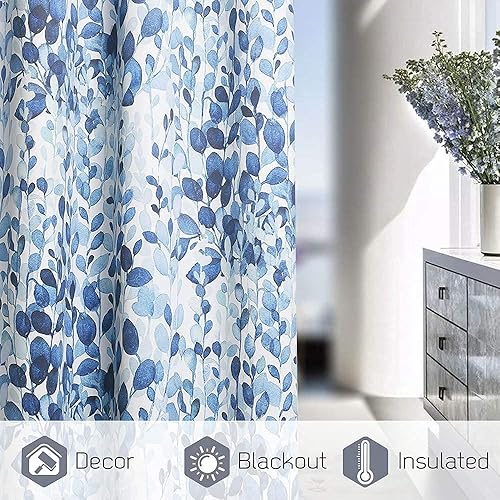 Miniatura 7 de KGORGE - Cortinas opacas blancas con patrón de hojas azul océano