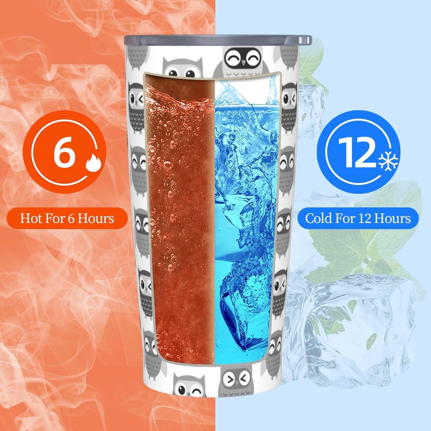 Cute Owls Tumblers, Grey Owl 20oz Stainless Steel Insulated Travel Tumblers,Travel Coffee Mug with Lid and Straw Cups Gifts for Women Men - Image 6