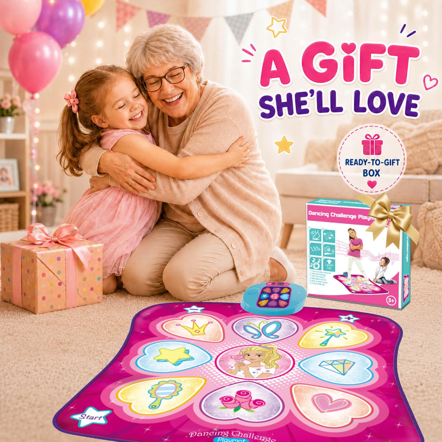 SunLin Alfombra de Baile - Juego de Baile, Juguete de Regalo para Niños y Niñas - Almohadilla de Baile con Luces LED, Volumen Ajustable, Música Incorporada, 3 Niveles de Desafío (3-12 Años) | Juegos de baile musical integrados con luces LED, volumen ajust
