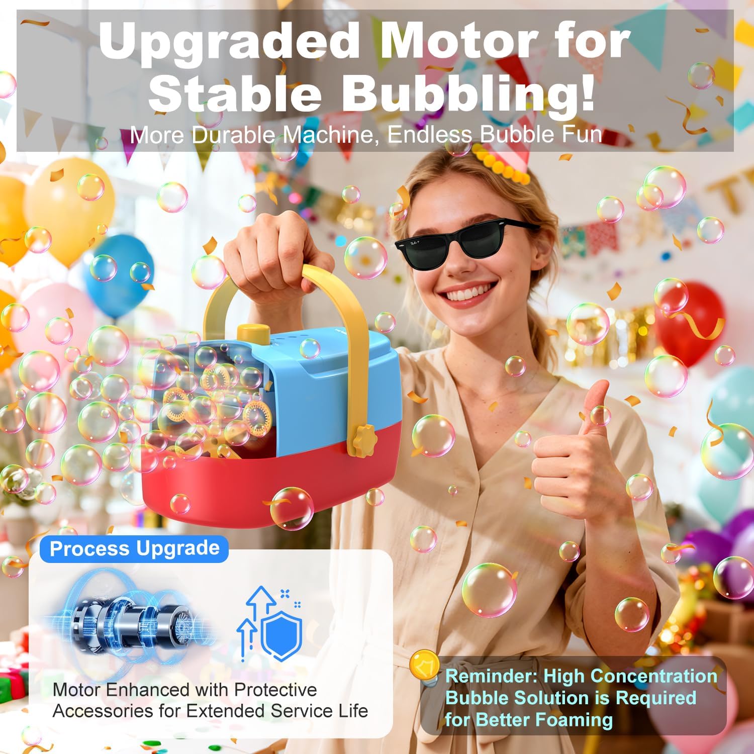 Bubble Machine Durable Automatic Bubble Blower, 18000+ Big Bubbles Per Minute Bubbles for Kids Toddlers Bubble Maker Operated by Plugin or Batteries Bubble Toys for Indoor Outdoor Birthday Party