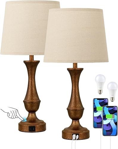 Seealle Upgraded Touch Lamps for Night Stands Set of 2 - Bedside Lamps with USB C+A, 3 Way Dimmable for Bedroom Living Room End Tables Office (Brown&Oat)